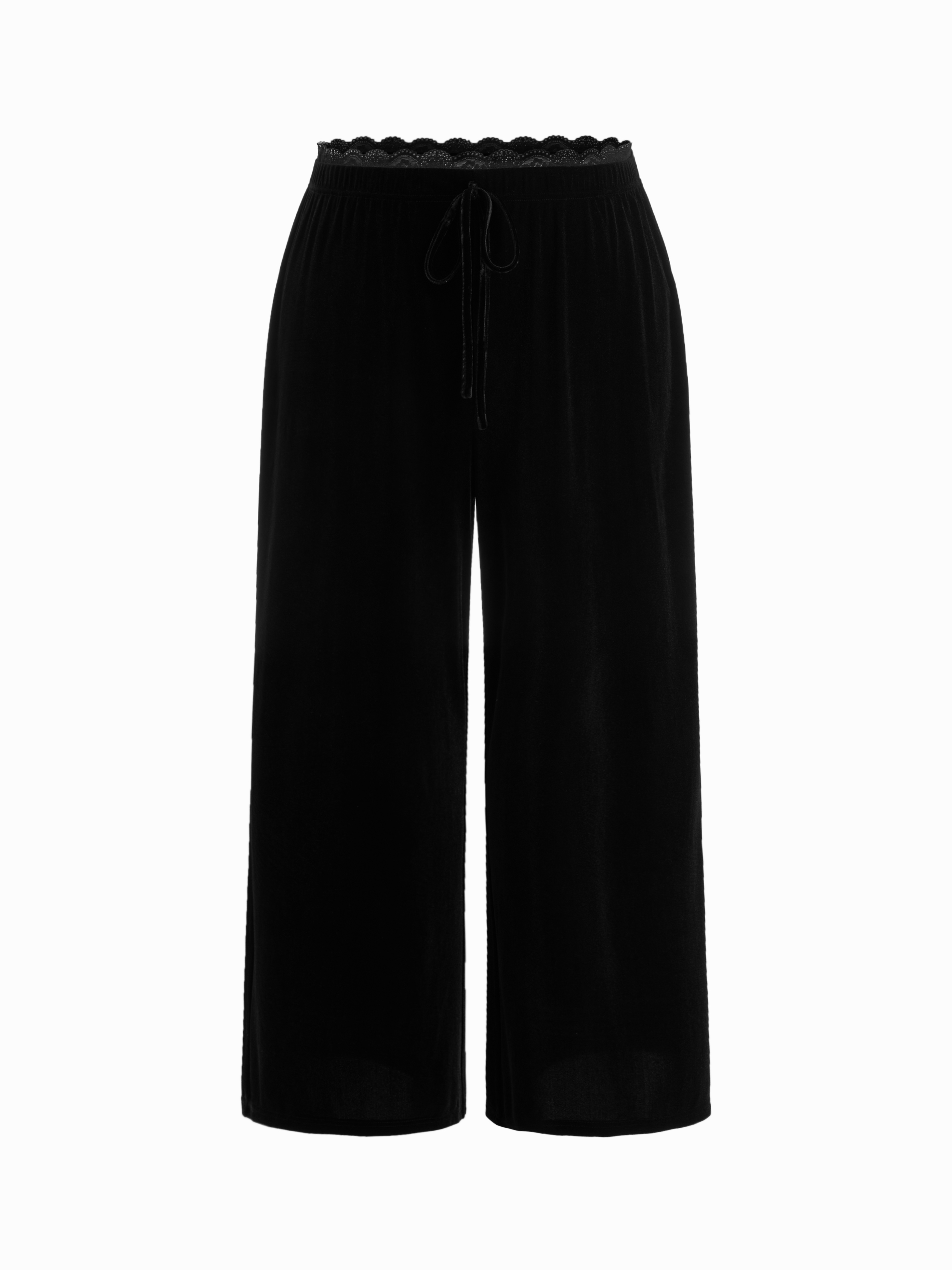 Velvet Mid Rise Lace Trim Wide Leg Trousers Curve & Plus