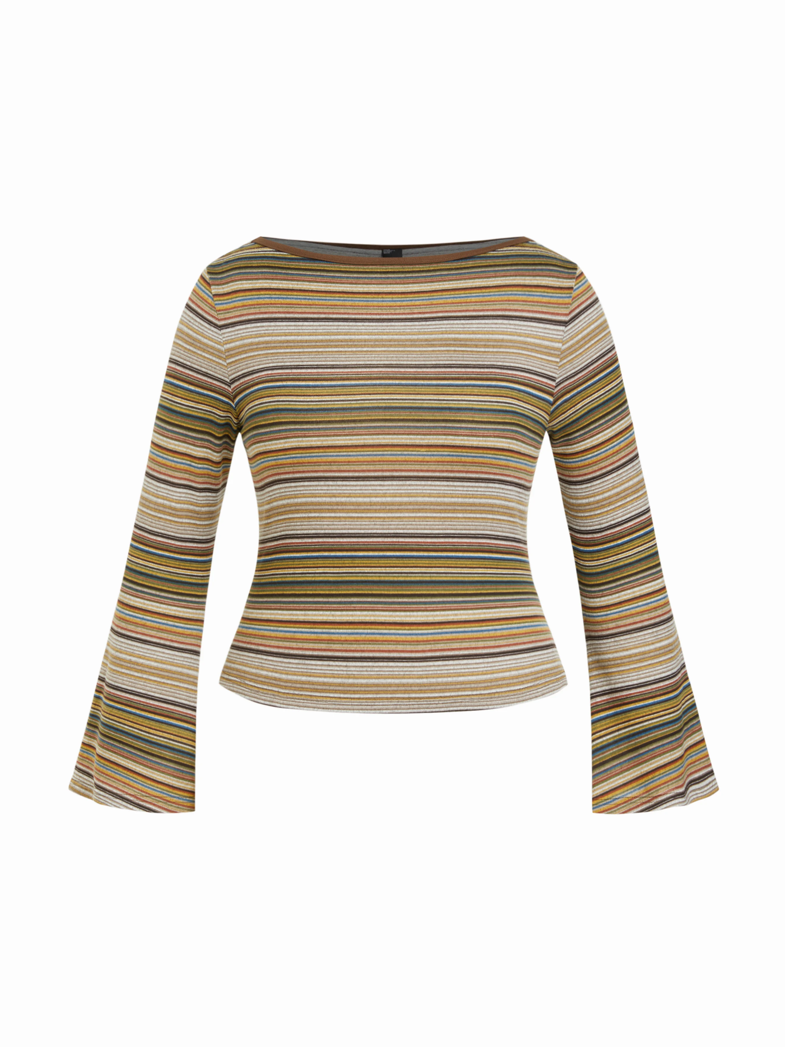 Striped Boat Neck Bell Sleeve Slim Tee Curve & Plus