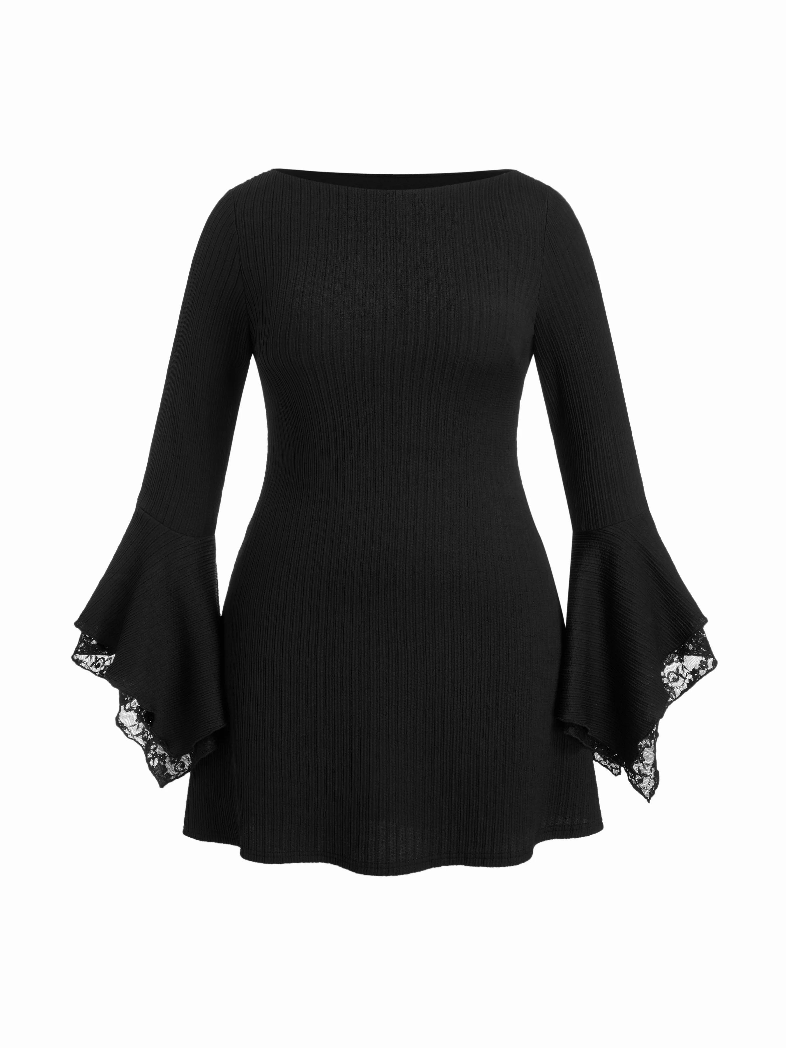 Textured Boat Neck Bell Sleeve Lace Panel A-line Mini Dress Curve & Plus