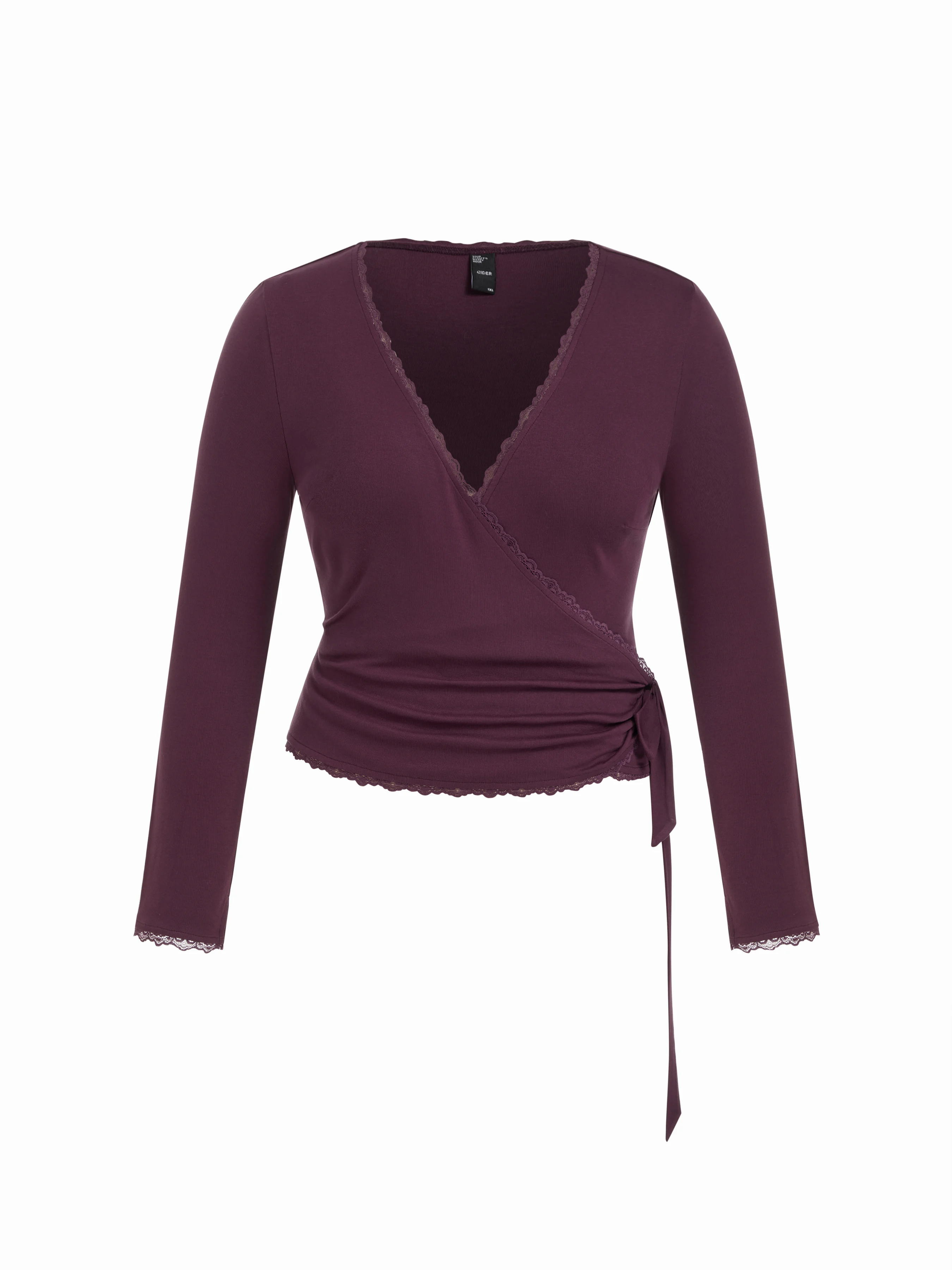 High Stretch V-neck Lace Trim Knotted Top Curve & Plus