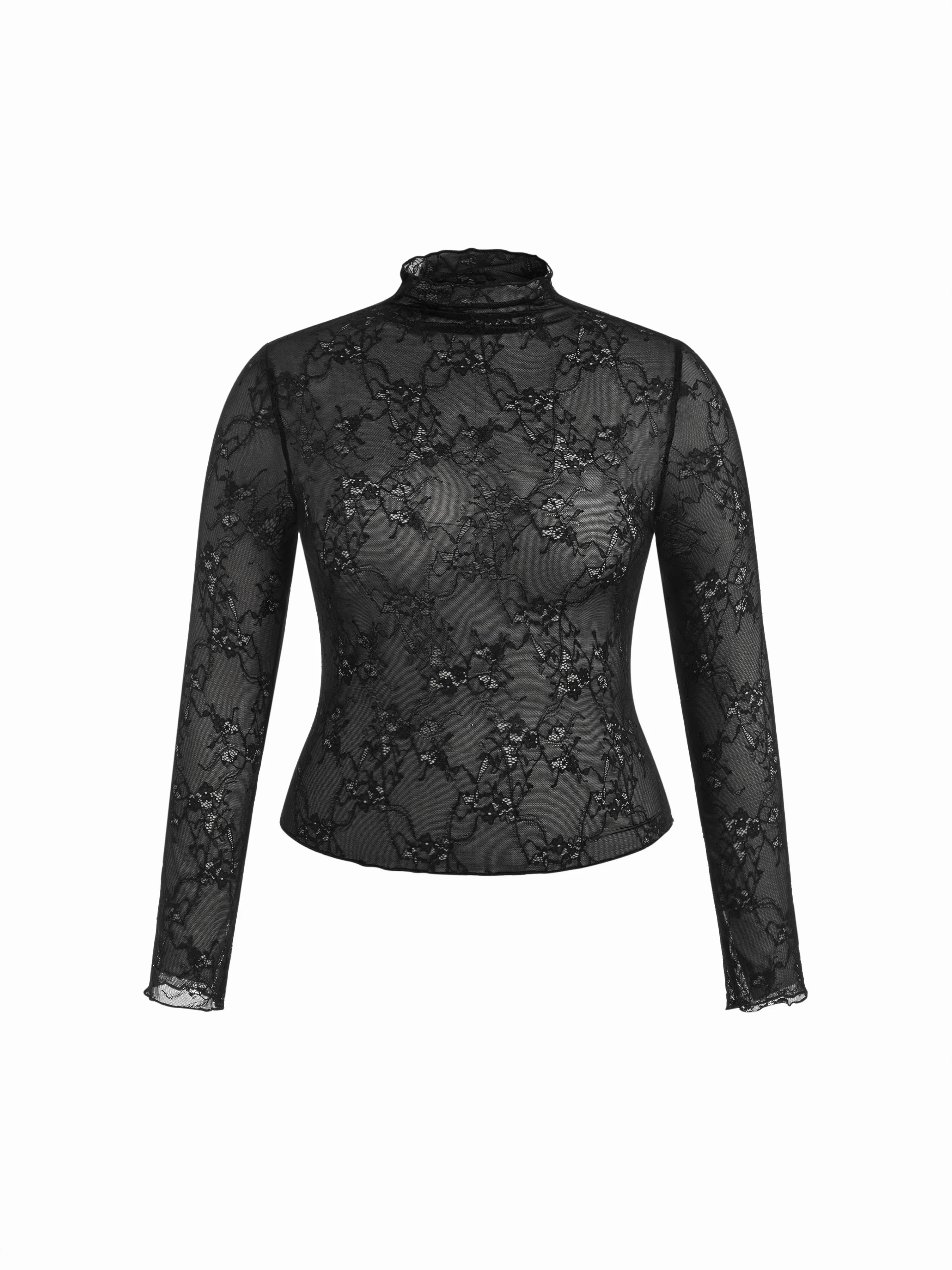 Lace High Neck Long Sleeve Lettuce Trim See-through Top Curve & Plus