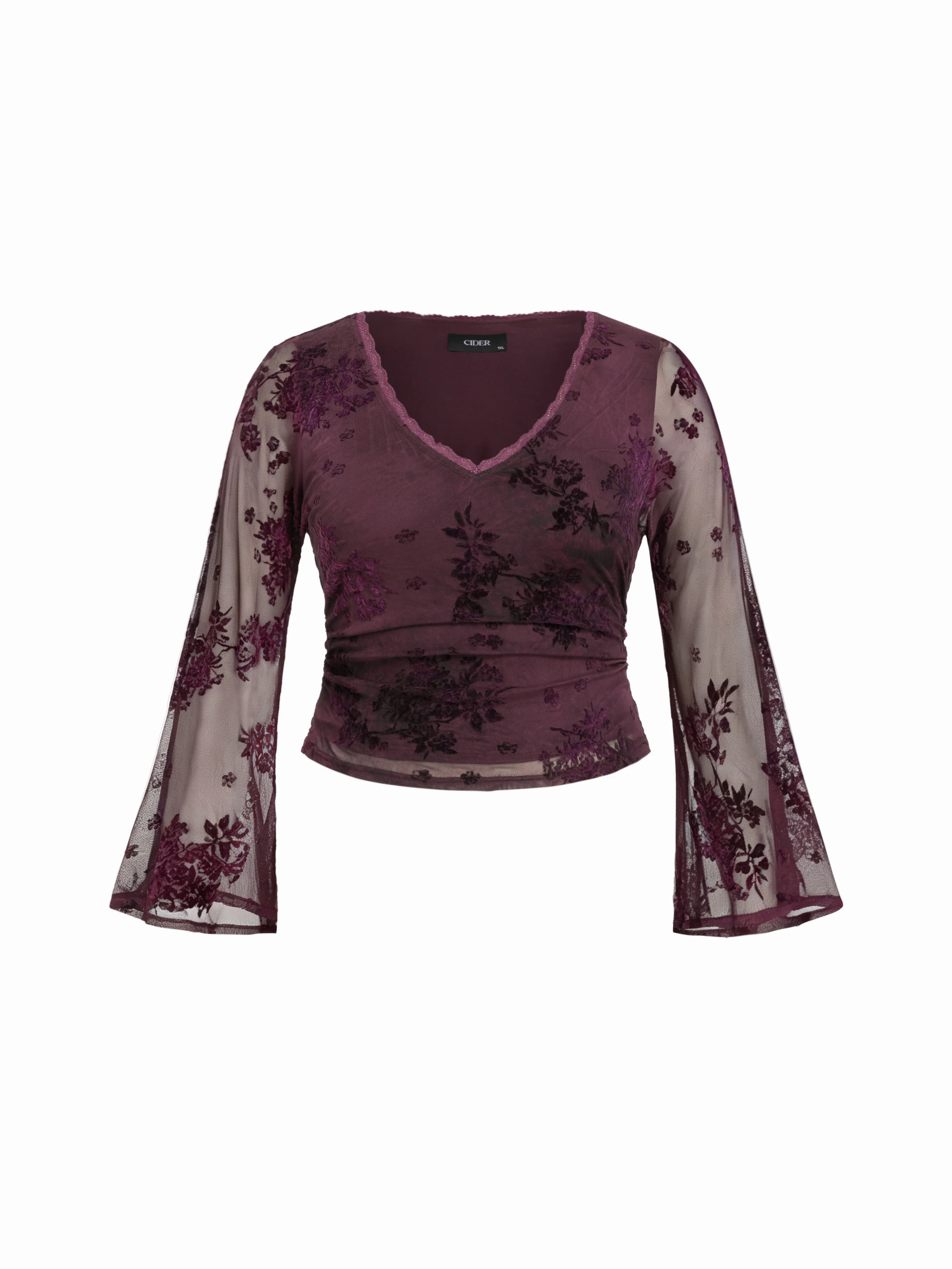 Satin V-neck Floral Long Sleeve Jersey Tops Curve & Plus
