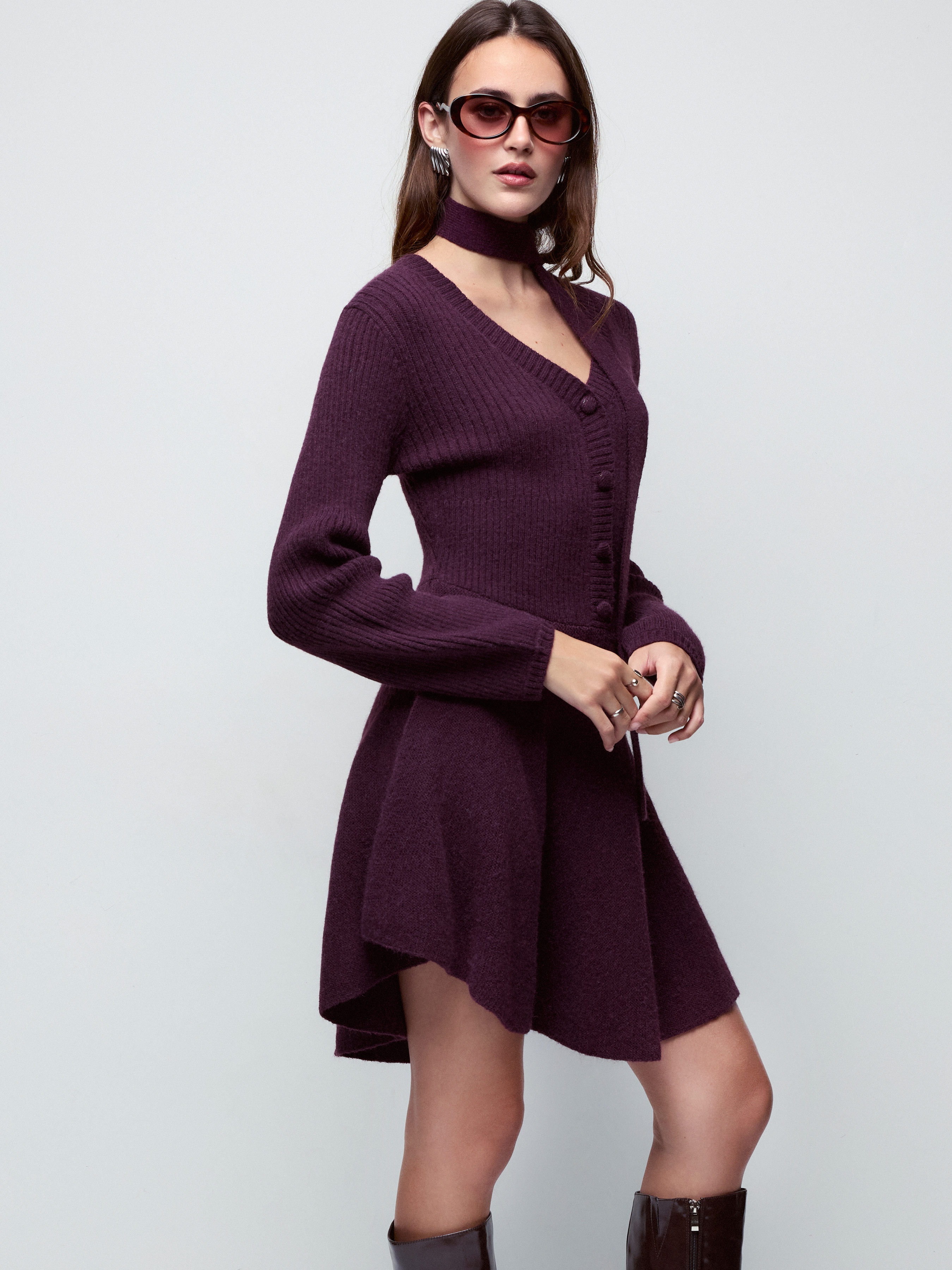 Knit V-neck Lantern Sleeve A-line Mini Dress with Scarf