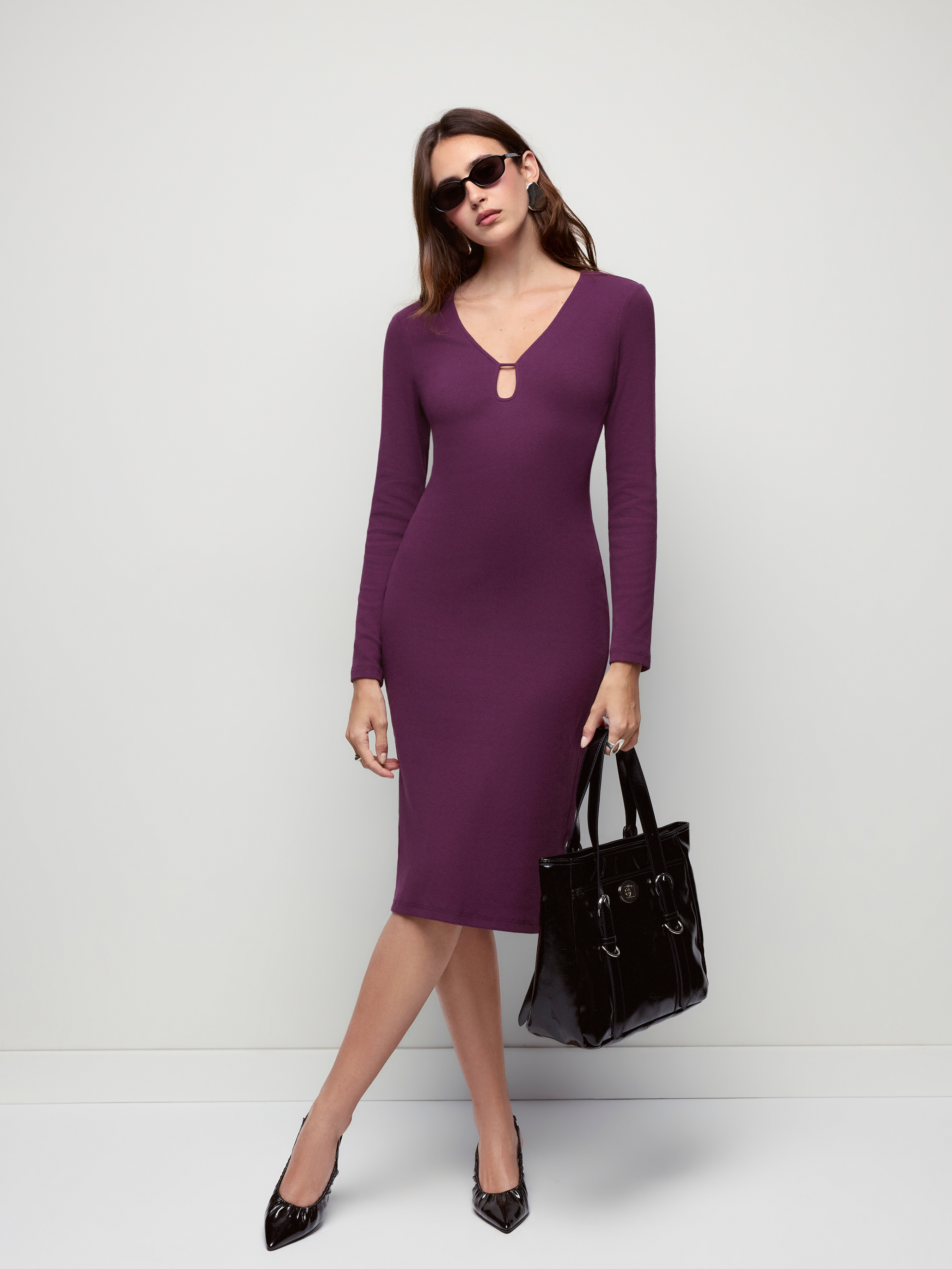 Cotton-blend V-neck Long Sleeve Cut Out Bodycon Midi Dress