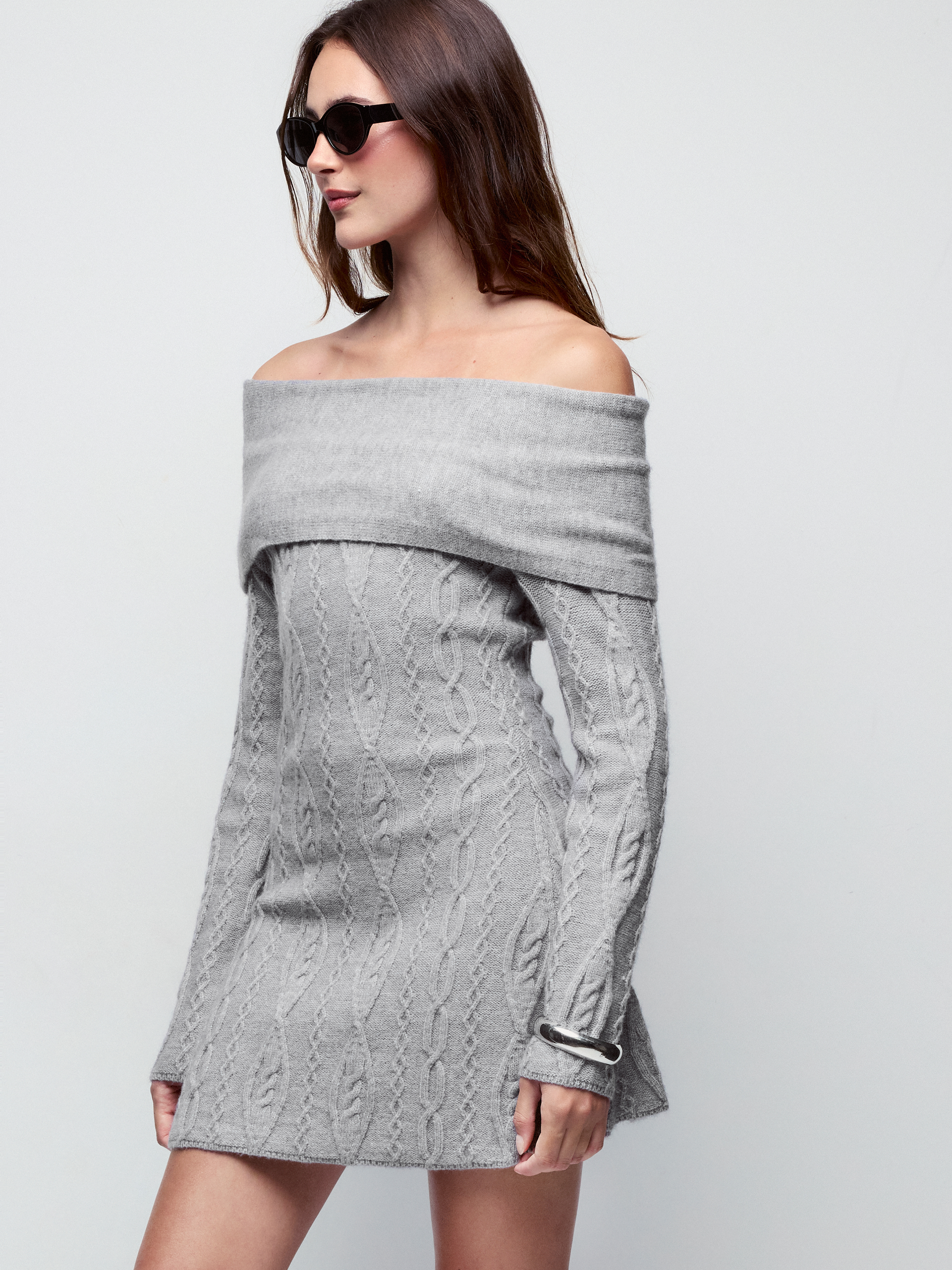 Cable Knit Wool-blend Off-shoulder Asymmetrical Long Sleeve Mini Dress