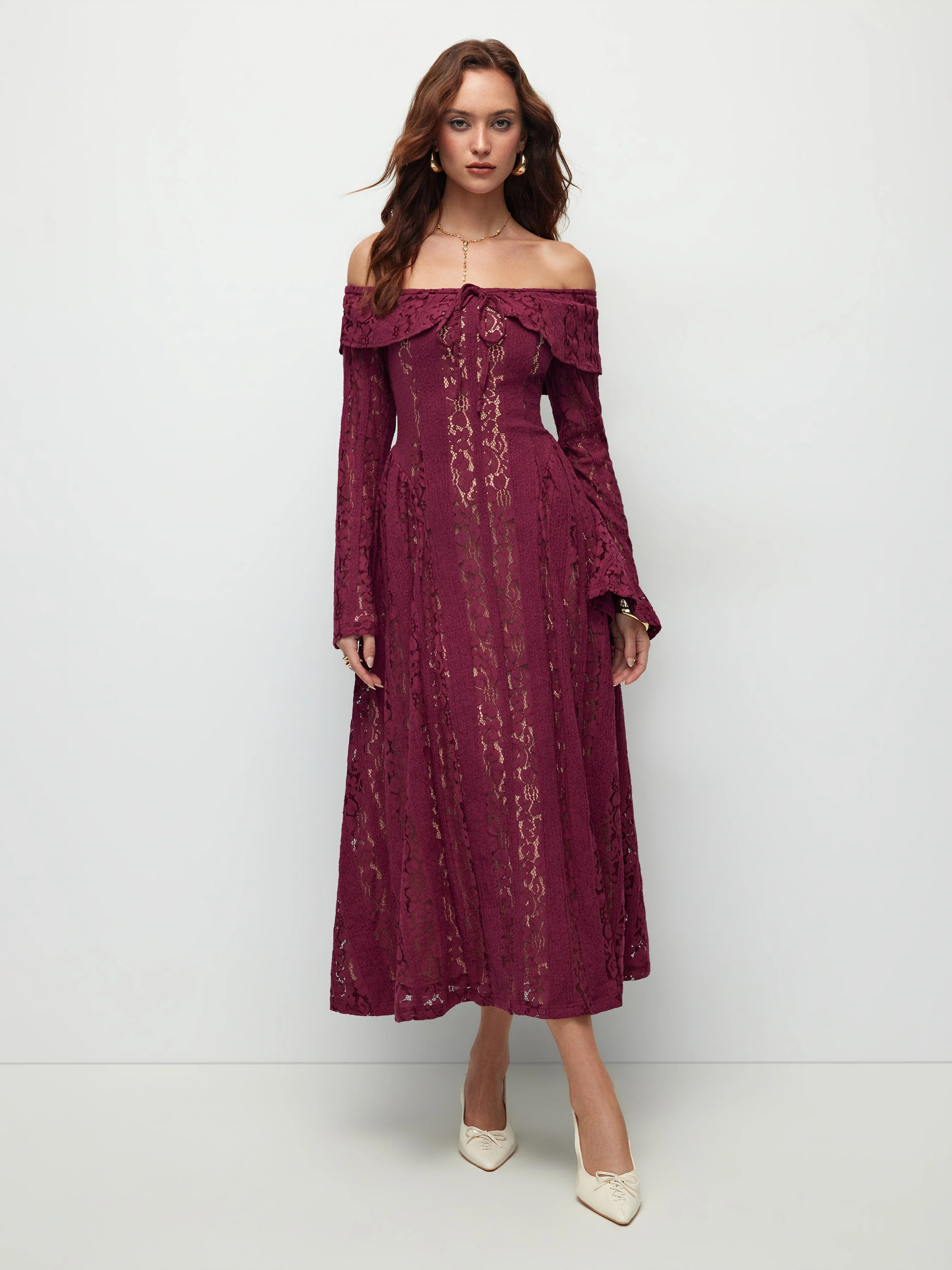 Lace Off-shoulder Bell Sleeve Tie Front Flared Maxi Dress