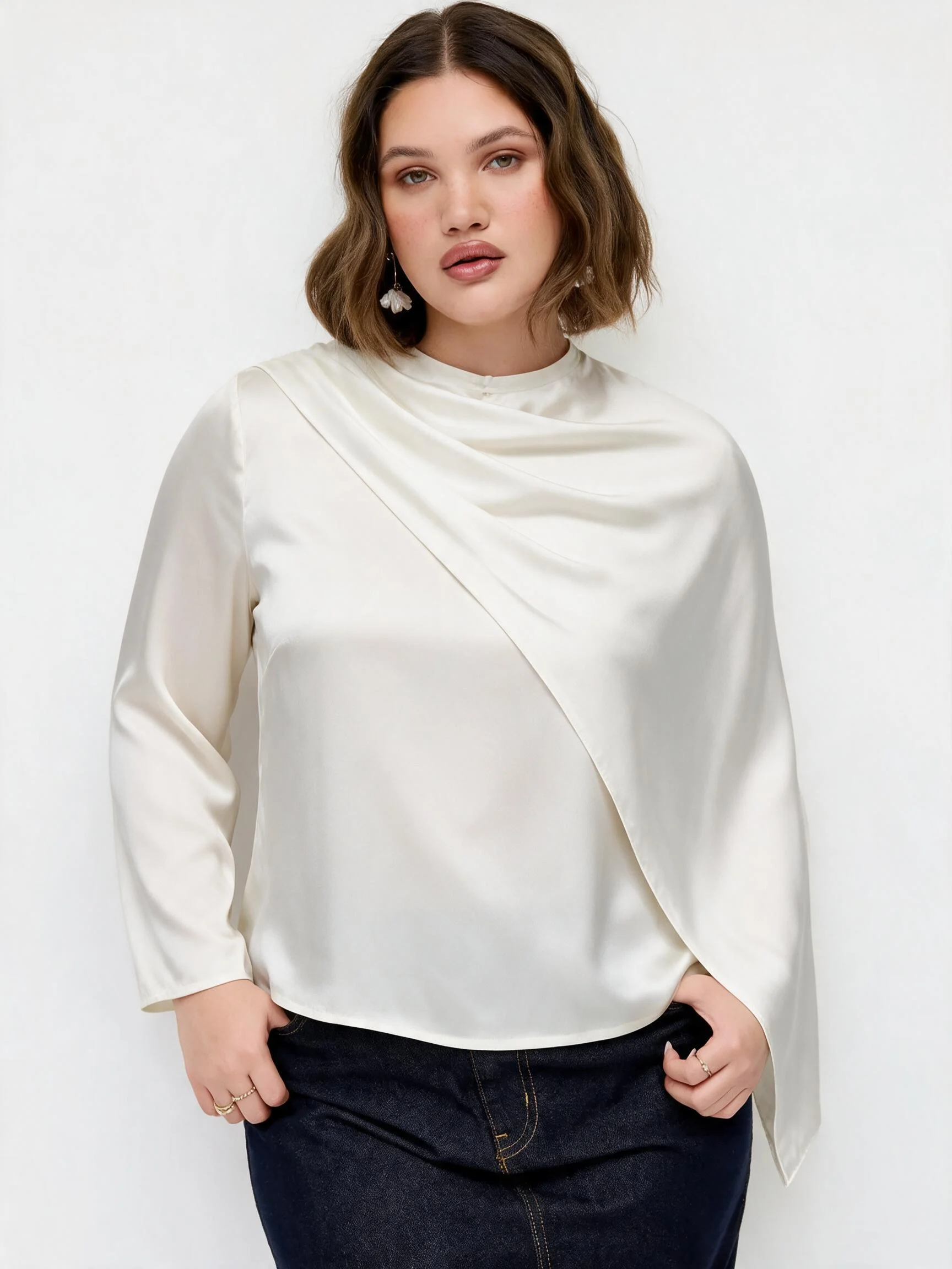 Satin High Neck Draped Long Sleeve Blouse With Scarf Curve & Plus
