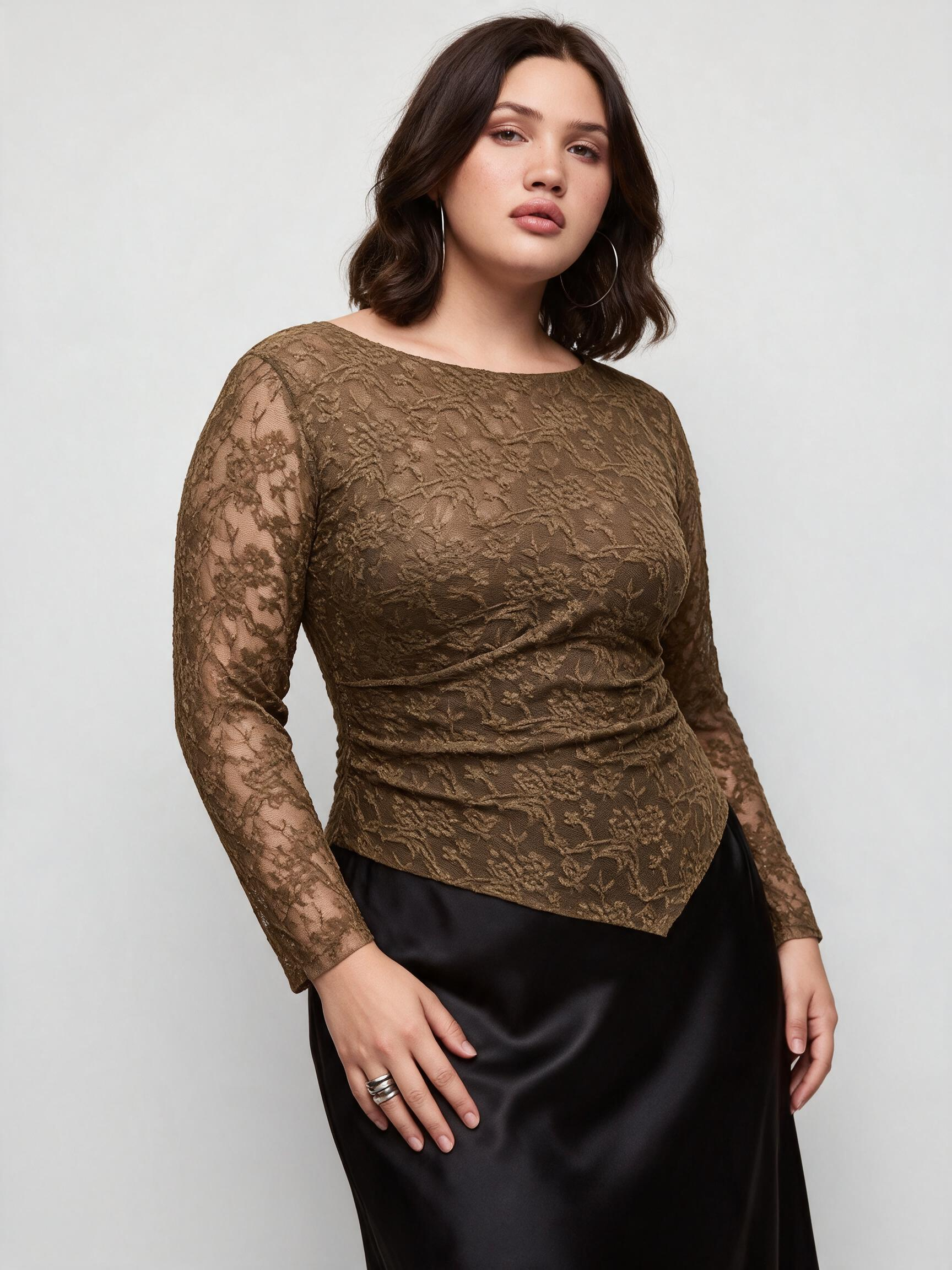 Lace Boat Neck Asymmetrical Hem Ruched Long Sleeve Top Curve & Plus