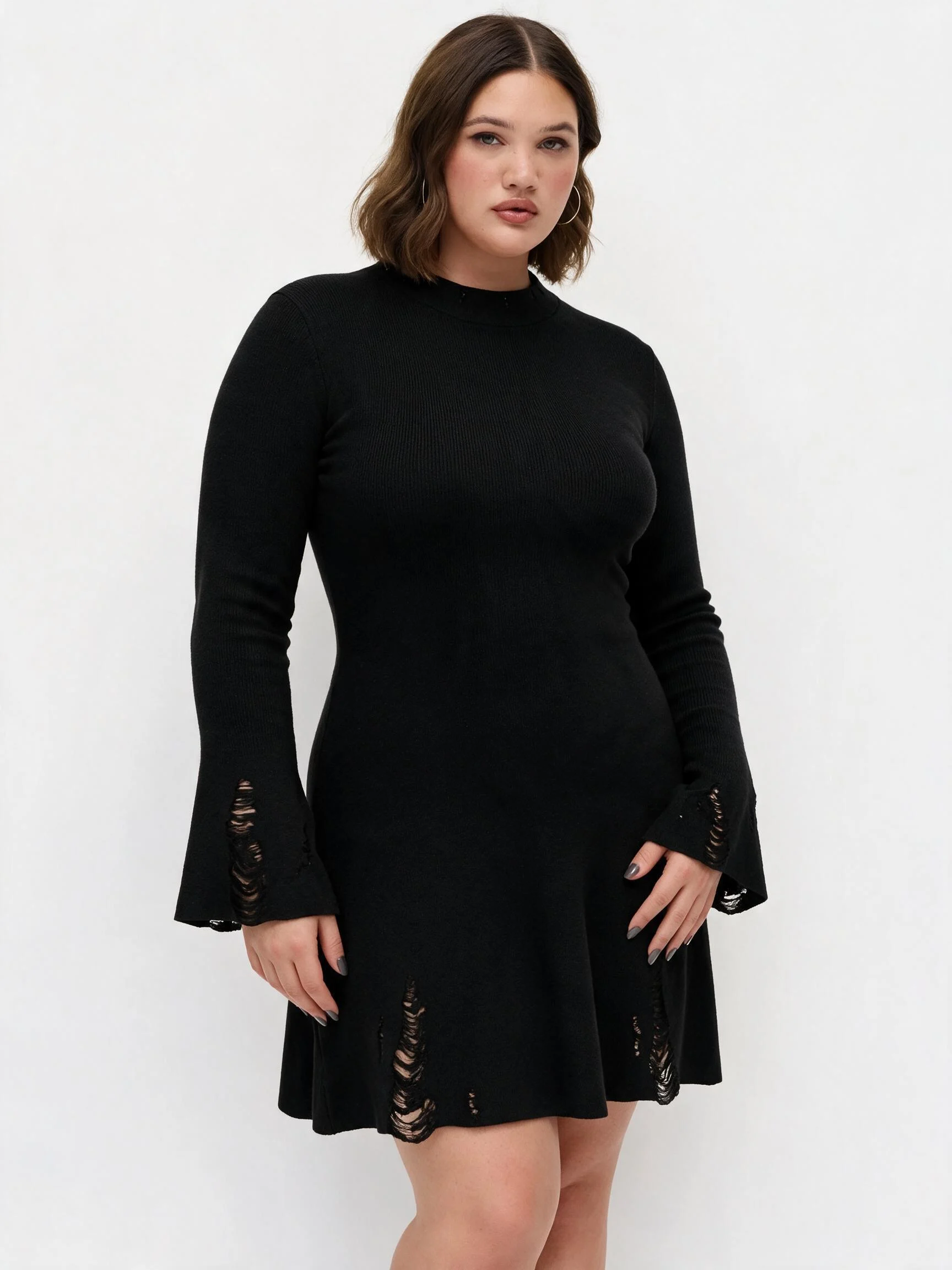 Knit High Neck Bell Sleeve Ripped Mini Dress Curve & Plus