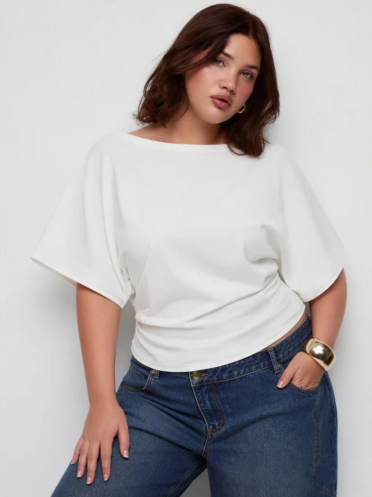 Cotton-blend Boat Neck Batwing Sleeve Drawstring Tee Curve & Plus