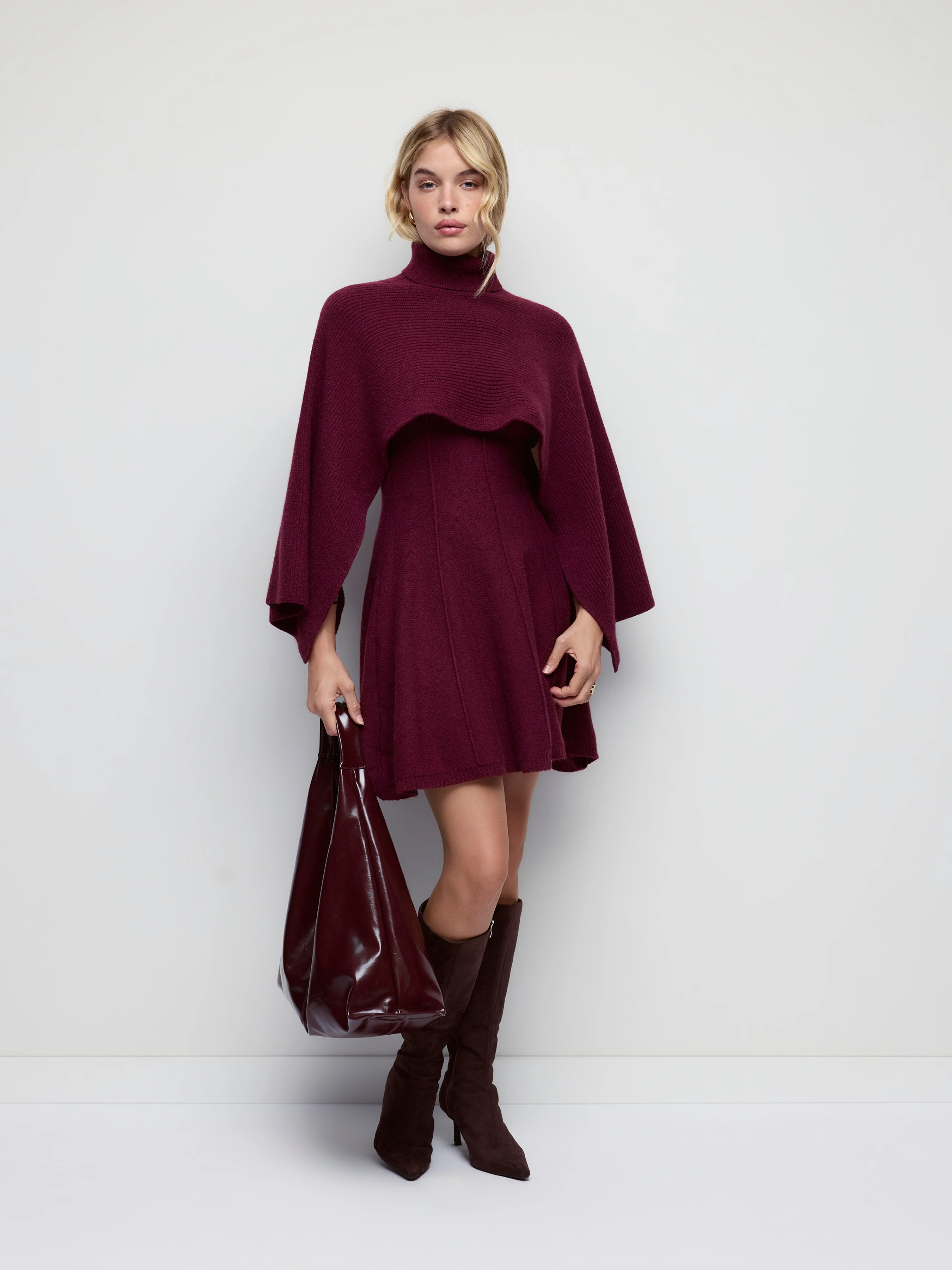 Knit Stand Collar Long Sleeve Two Piece A-line Mini Dress