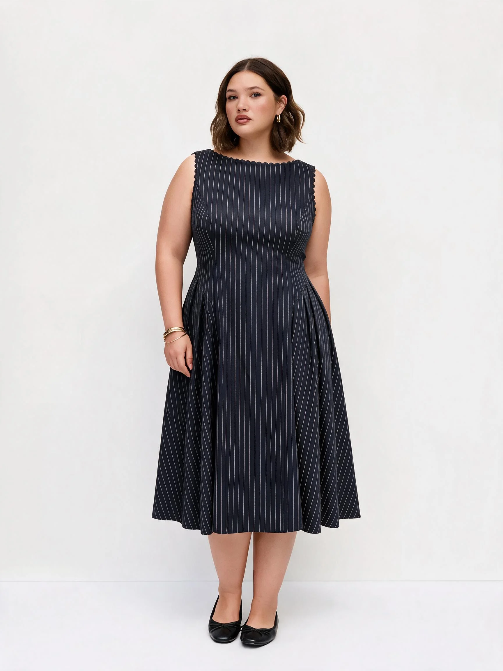 Woven Boat Neck Stripes Midi Dresses Curve & Plus
