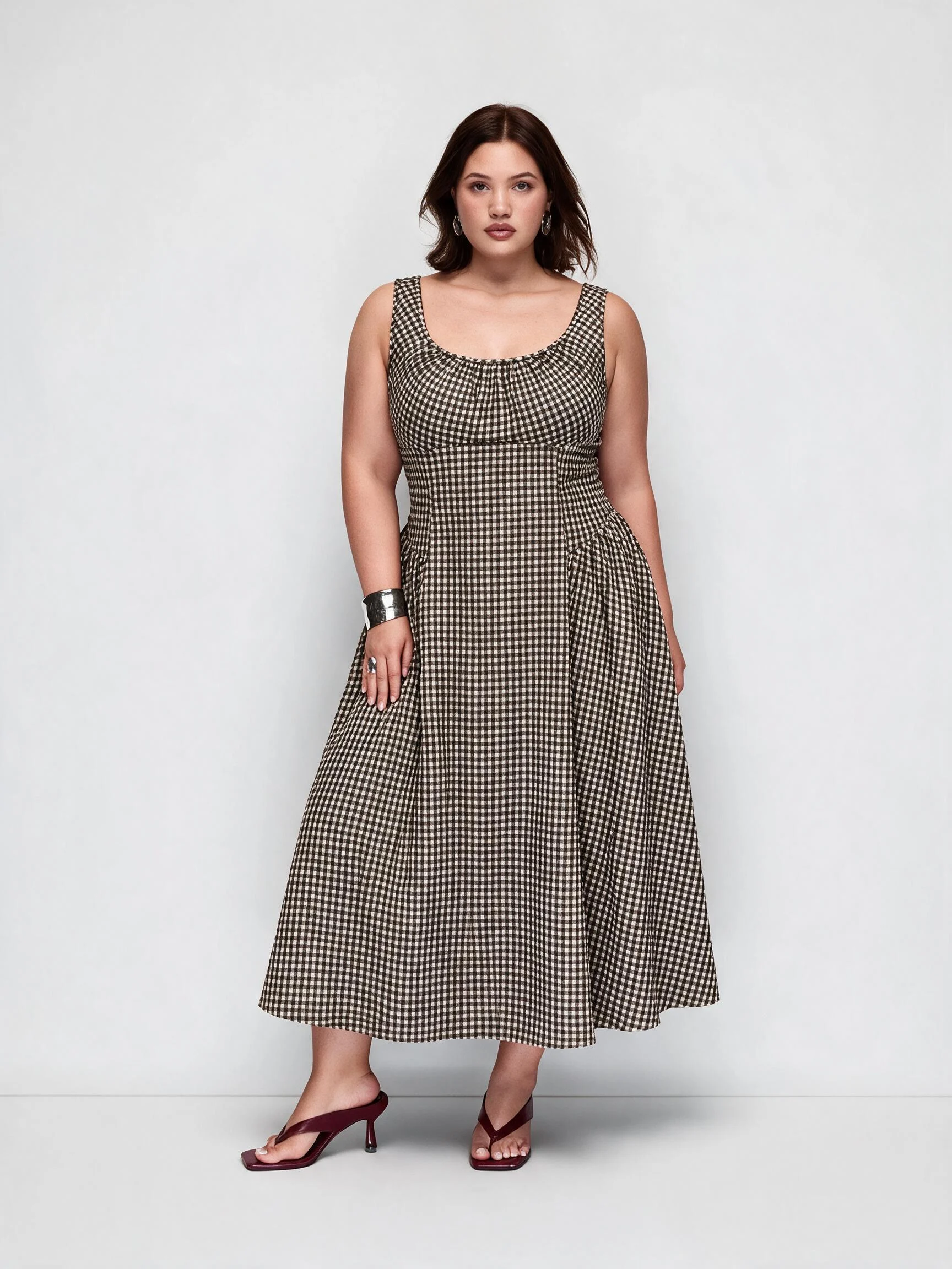 Gingham Scoop Neck Ruched A-line Midi Dress Curve & Plus