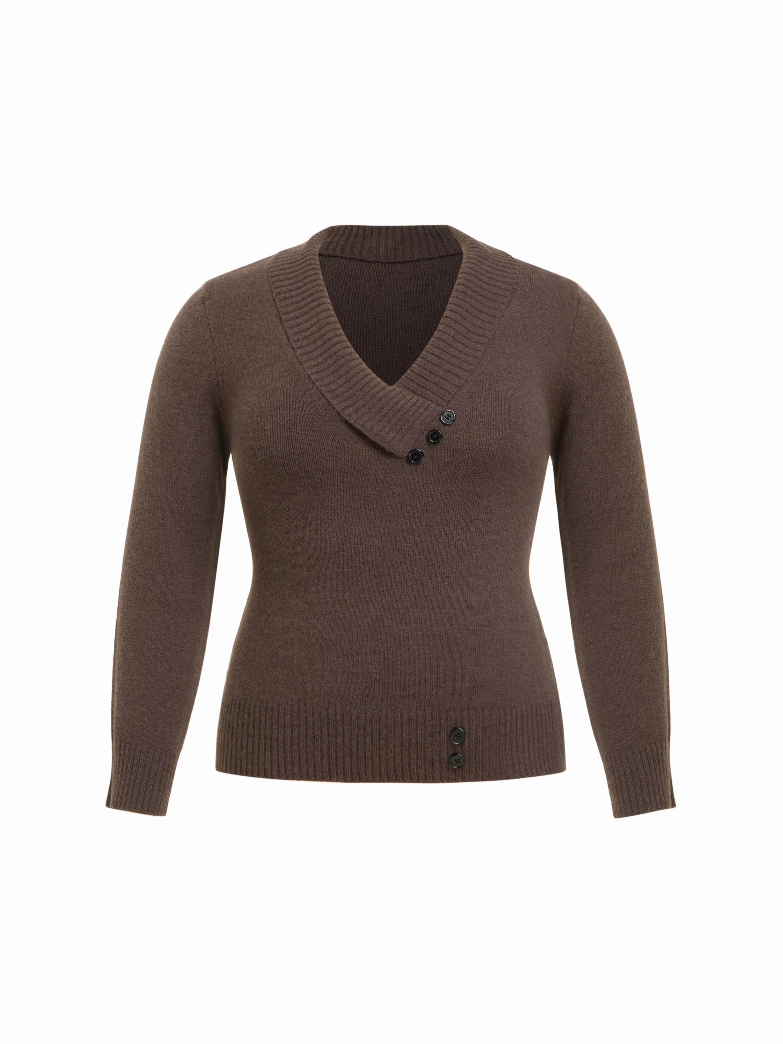 Knit Shawl V-neck Collar Button Detail Sweater Curve & Plus