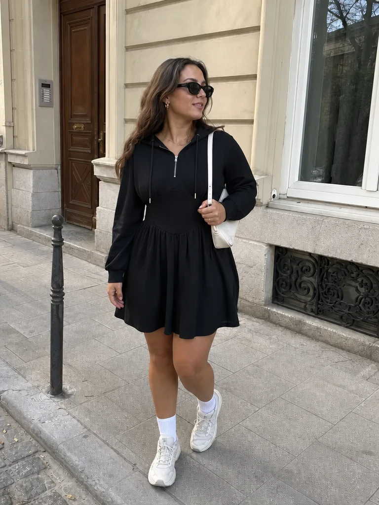 Cotton-blend Hooded Lantern Sleeve Ruched Sweatshirt Mini Dress Curve & Plus