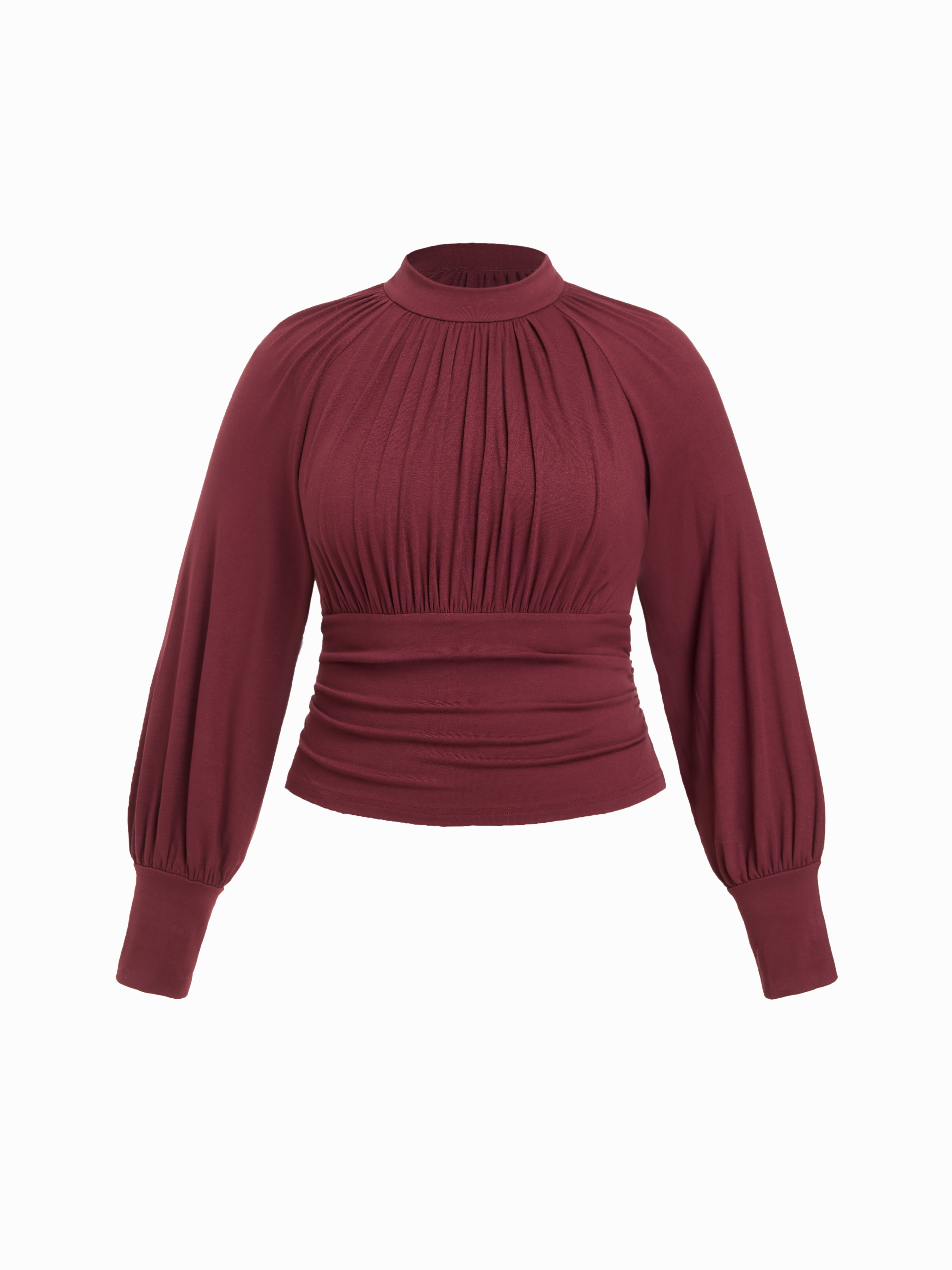 High Neck Long Sleeve Ruched Cinched Waist Blouse Curve & Plus