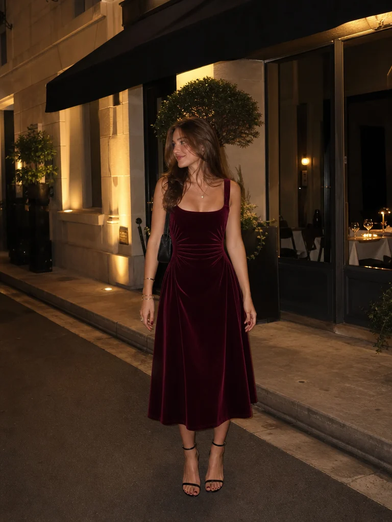 Velvet Scoop Neckline Ruched A-line Midi Dress