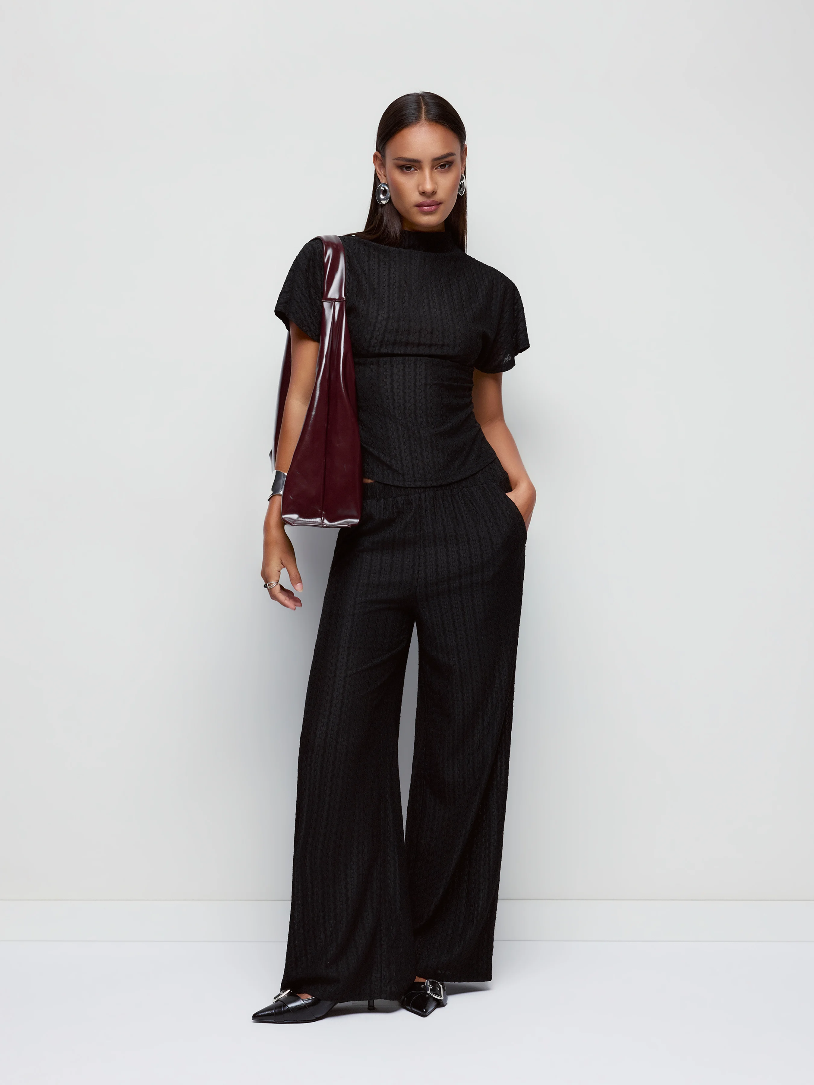 Textured Striped Stand Collar Top & Mid Rise Wide Leg Trousers Set