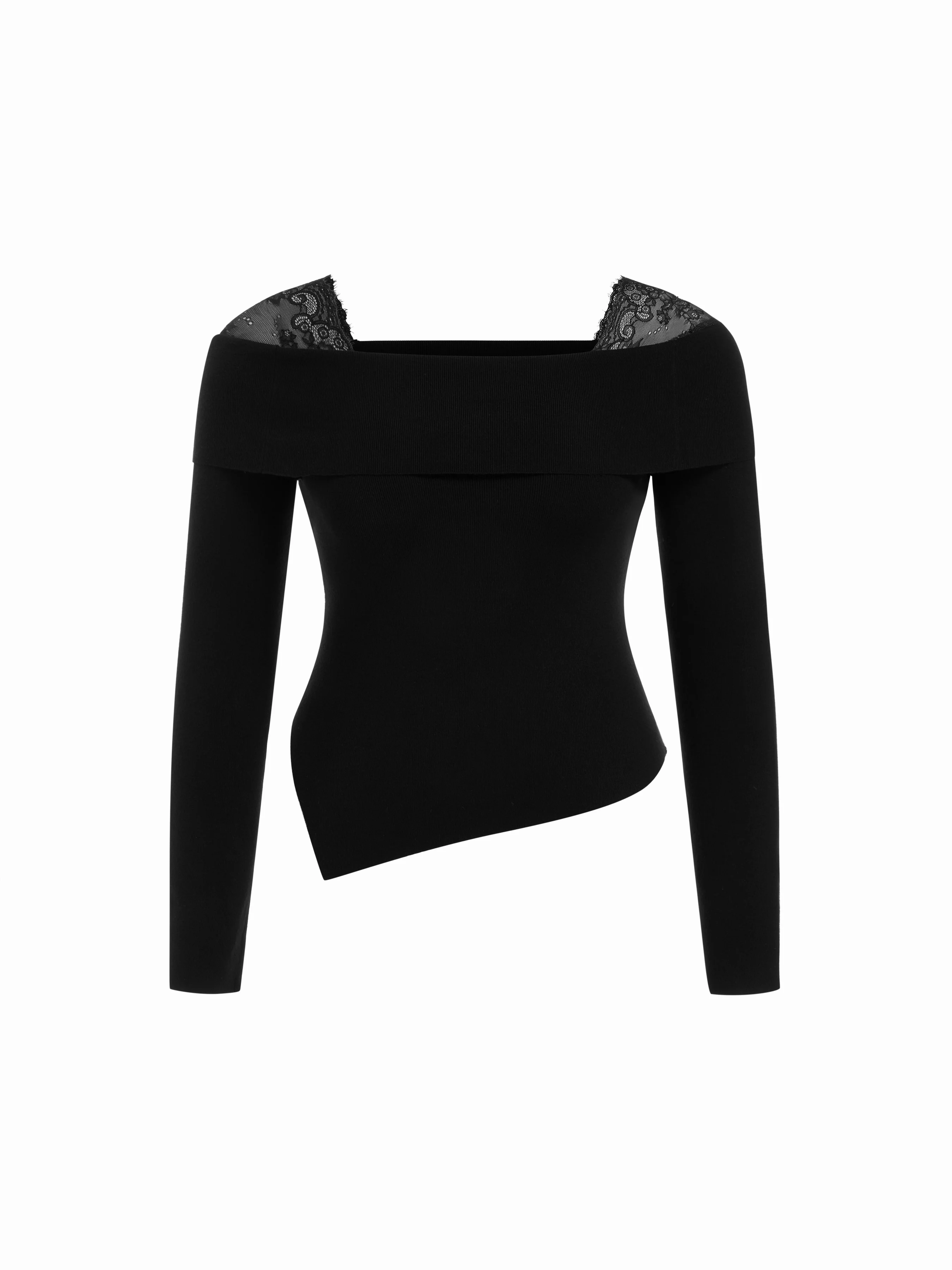 Knit Off-shoulder Long Sleeve Lace Panel Asymmetrical Hem Slim Top Curve & Plus