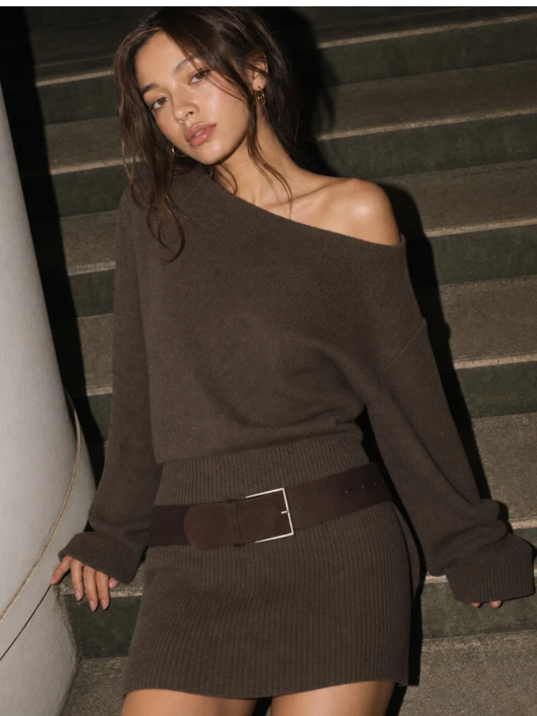 Knit Crochet Asymmetrical Neck Long Sleeve A-line Mini Dress