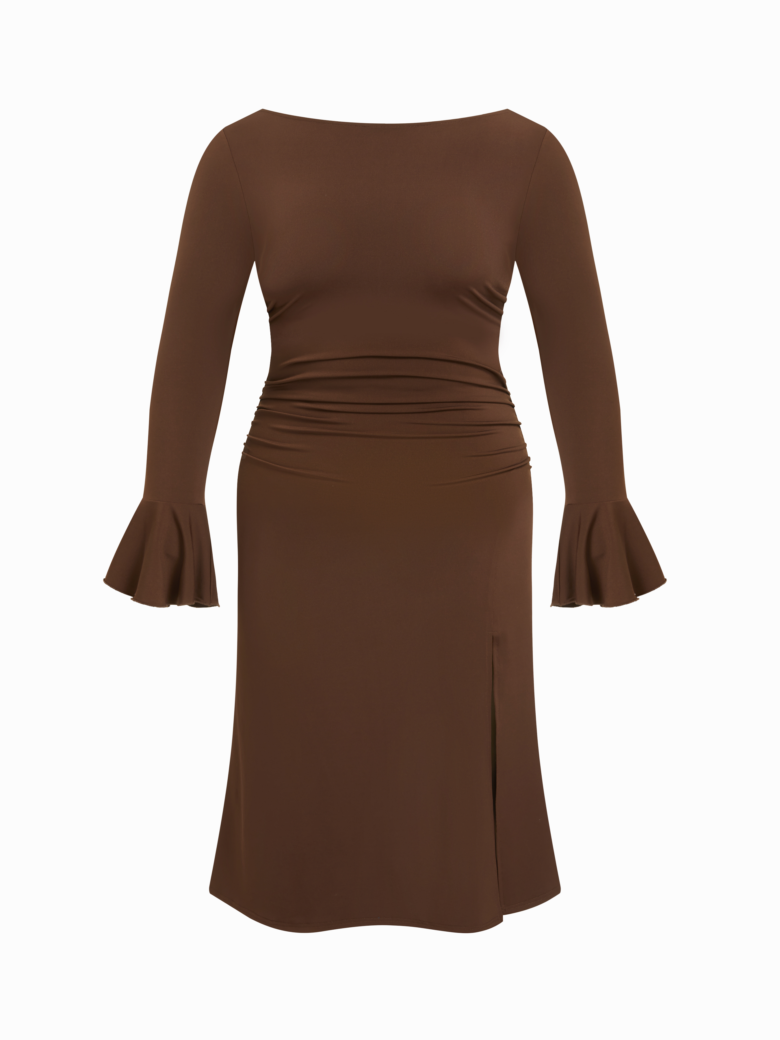 Boat Neck Bell Sleeve Ruched Backless Split Bodycon Maxi Dress Curve & Plus