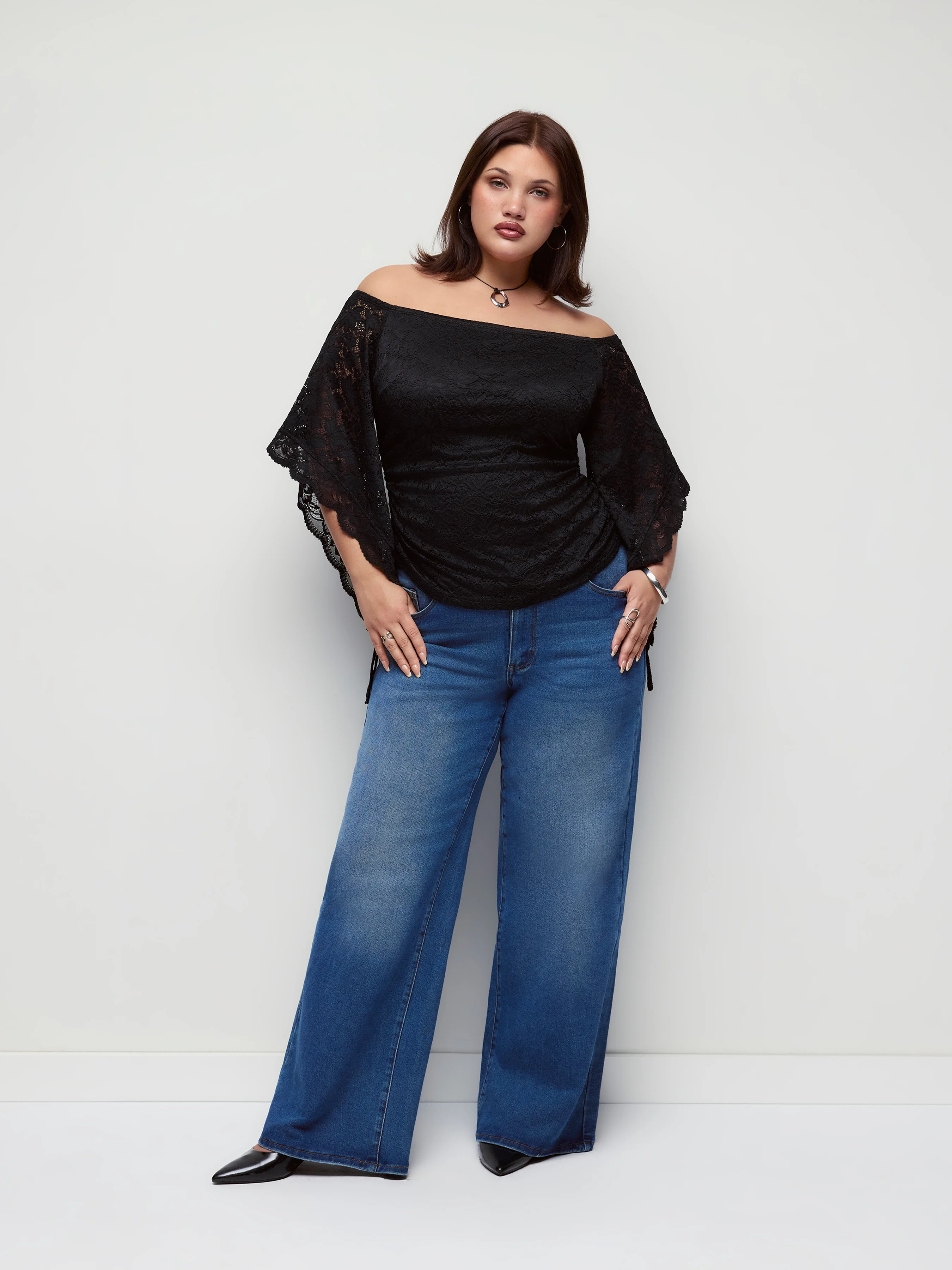 Lace Off-shoulder Bell Sleeve Ruched Ruffled Drawstring Top Curve & Plus