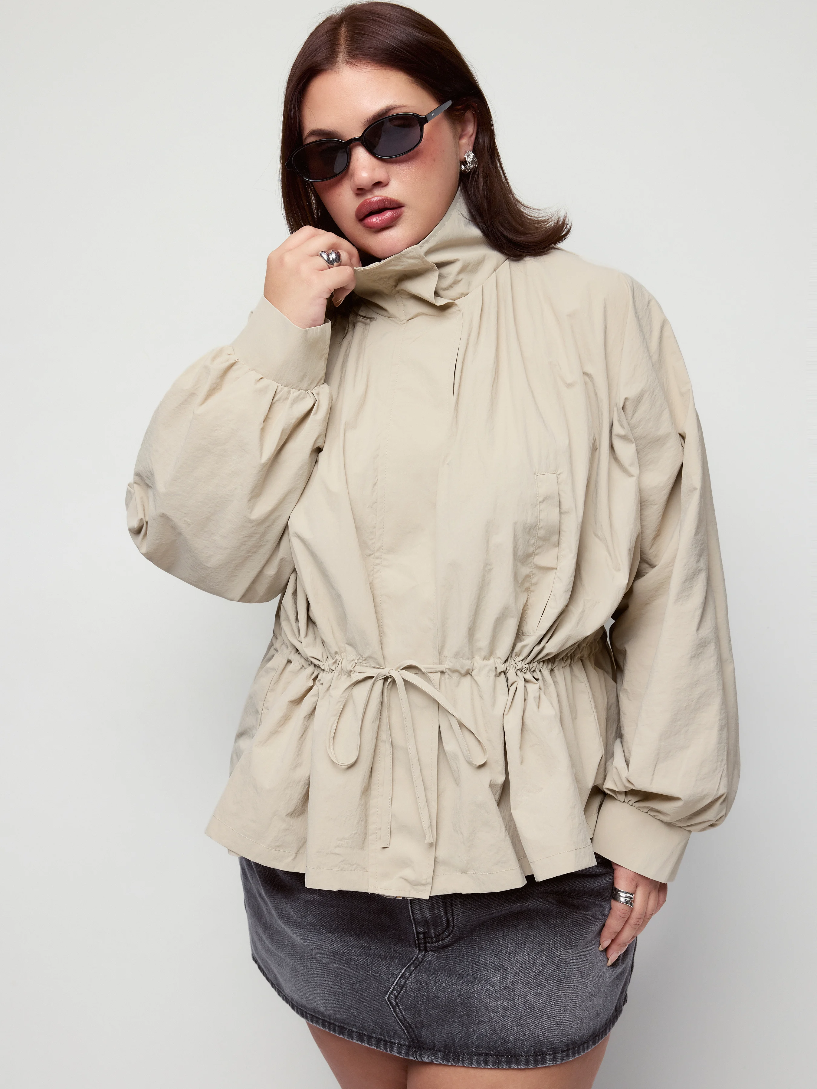 Oversized Stand Collar Drawstring Waist Jacket Curve & Plus
