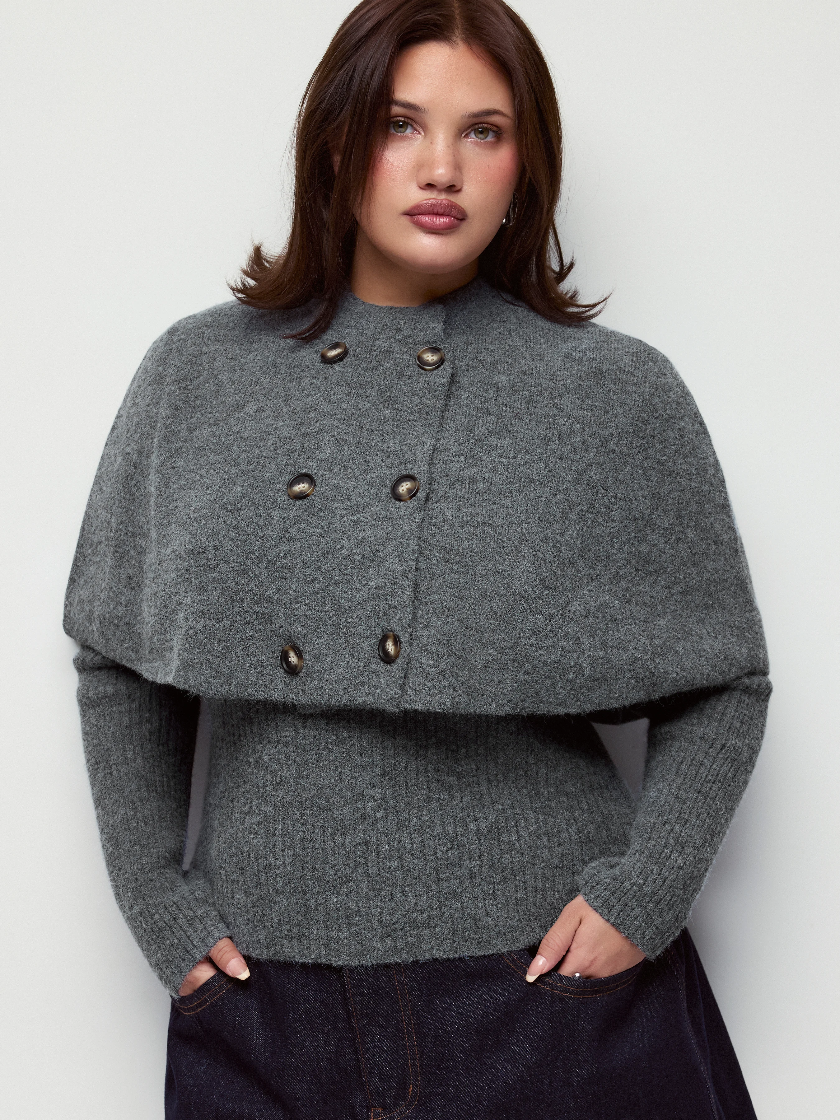 Knit Double Breasted Cape & Ribbed Long Sleeve Top Set Curve & Plus