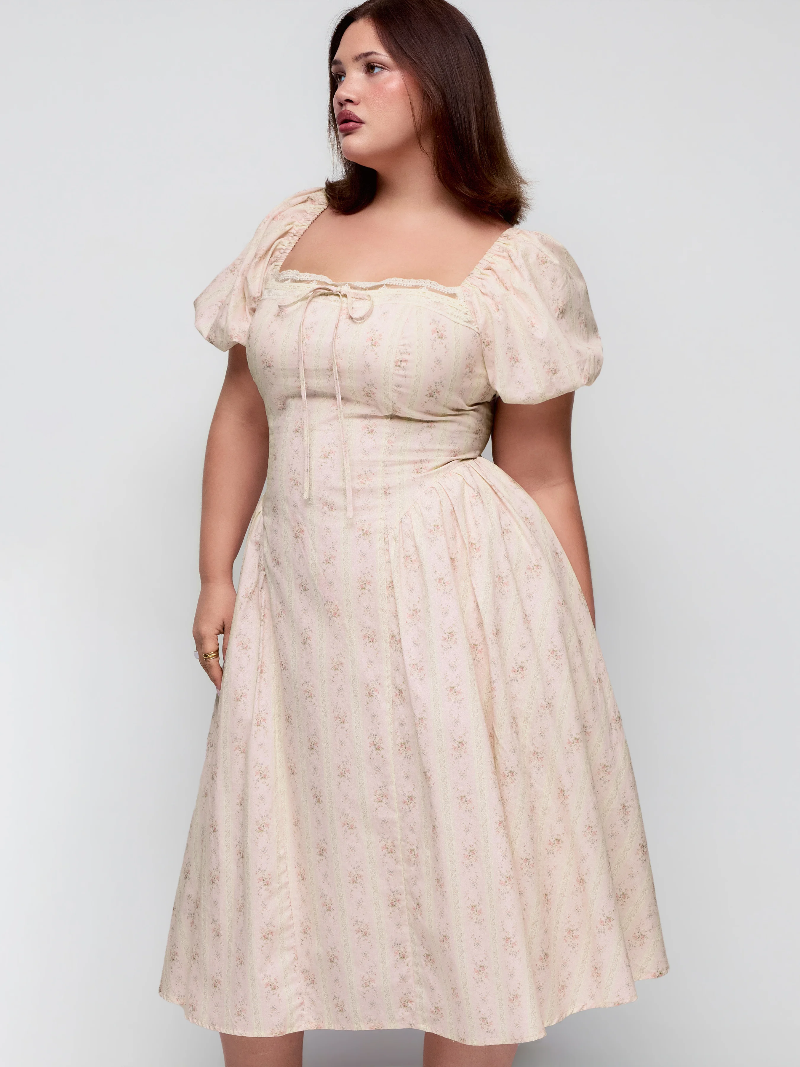 Cotton Floral Puff Sleeve Lace Trim Bowknot Flared Maxi Dress Curve & Plus