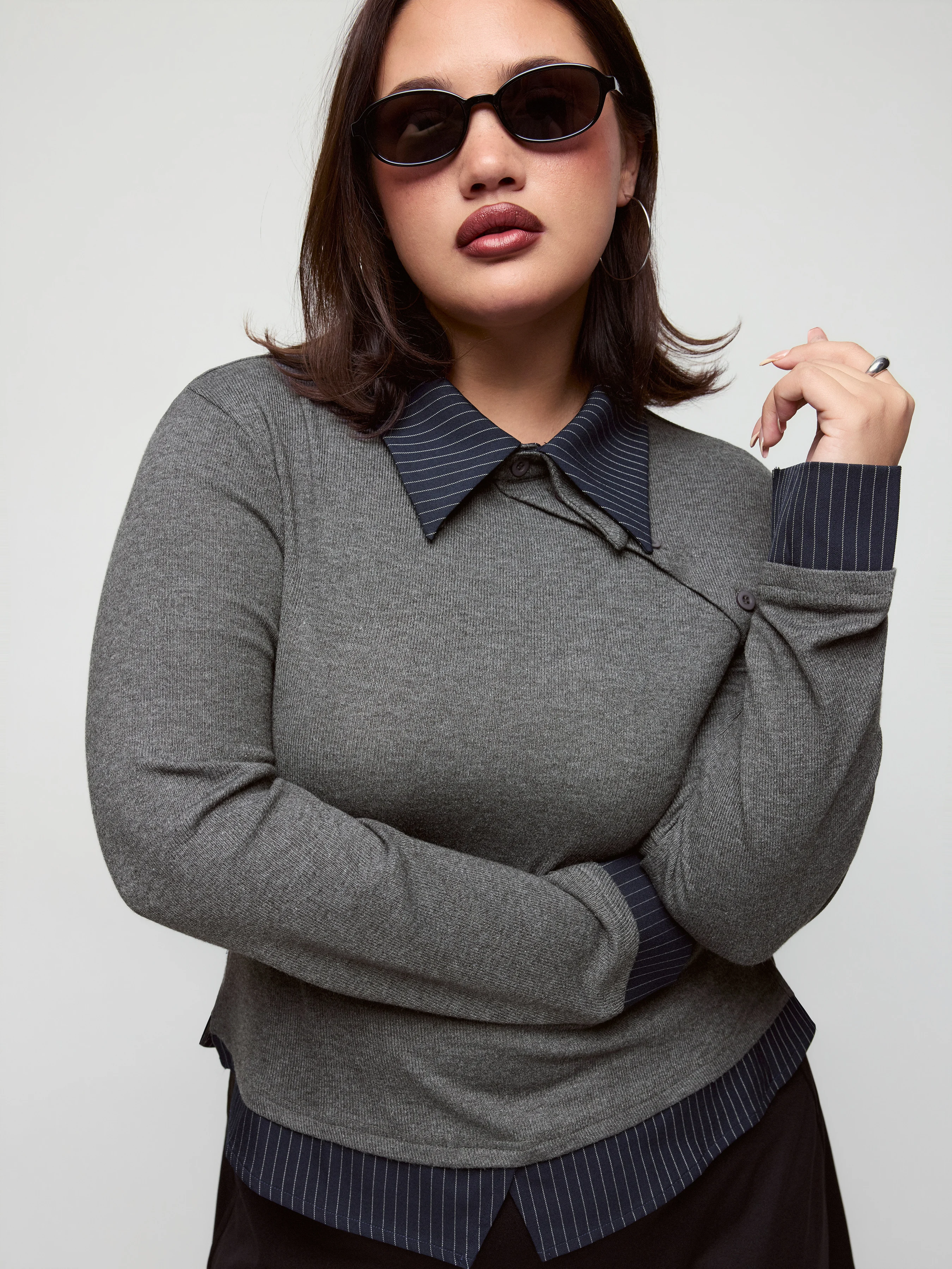 Collar Long Sleeve Two tone Striped Trim Asymmetrical Top Curve & Plus