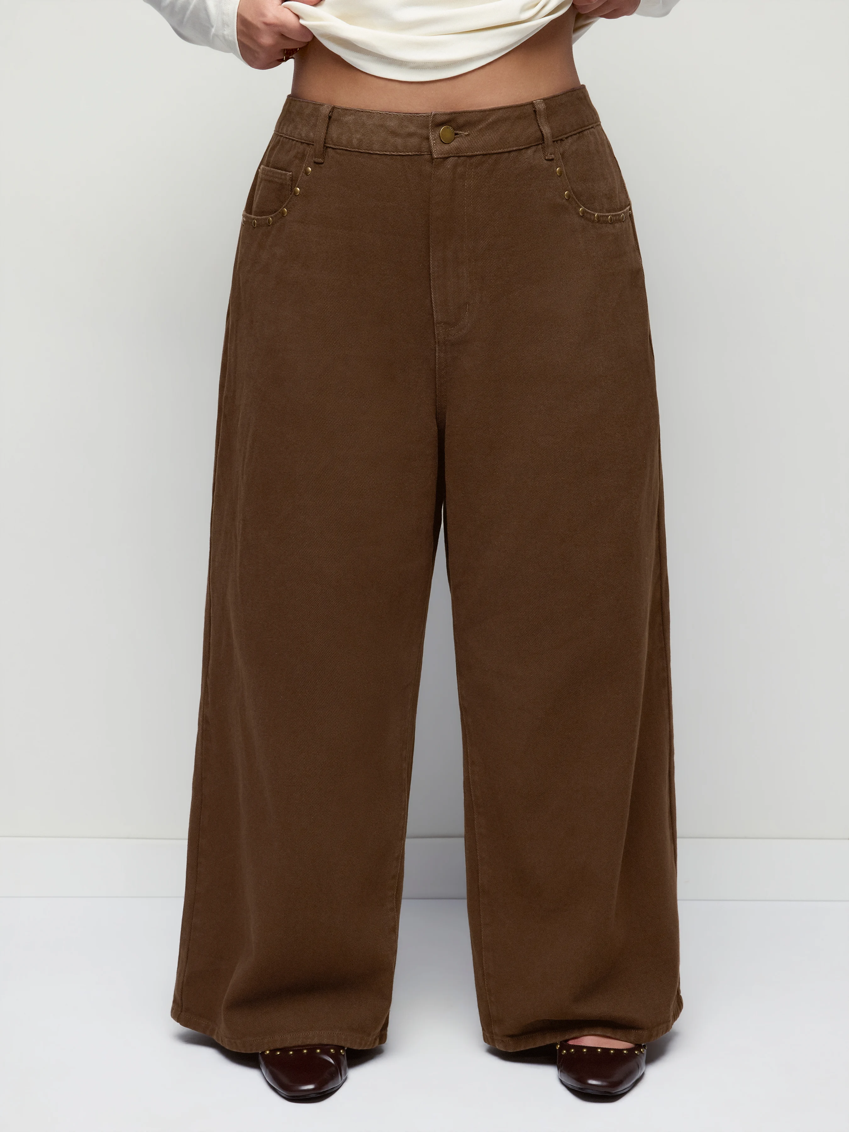 Denim Mid Rise Washed Metal Detail Wide Leg Jeans Curve & Plus