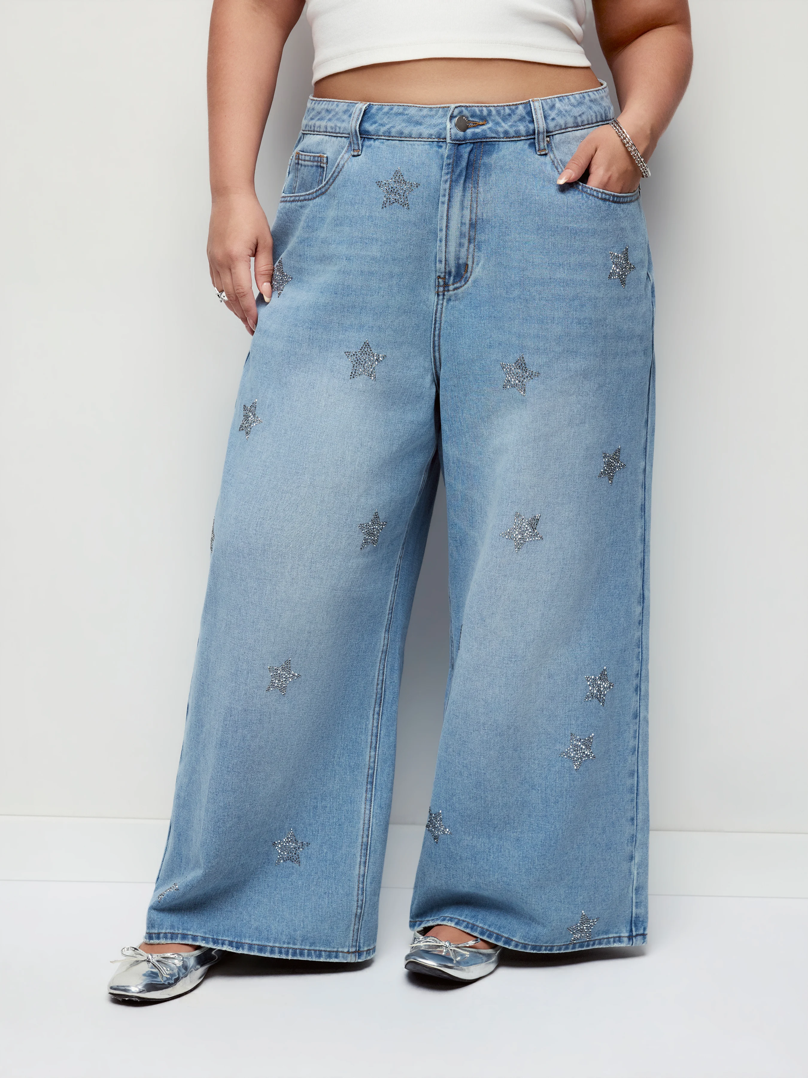 Denim High Rise Rhinestone Star Wide Leg Jeans Curve & Plus