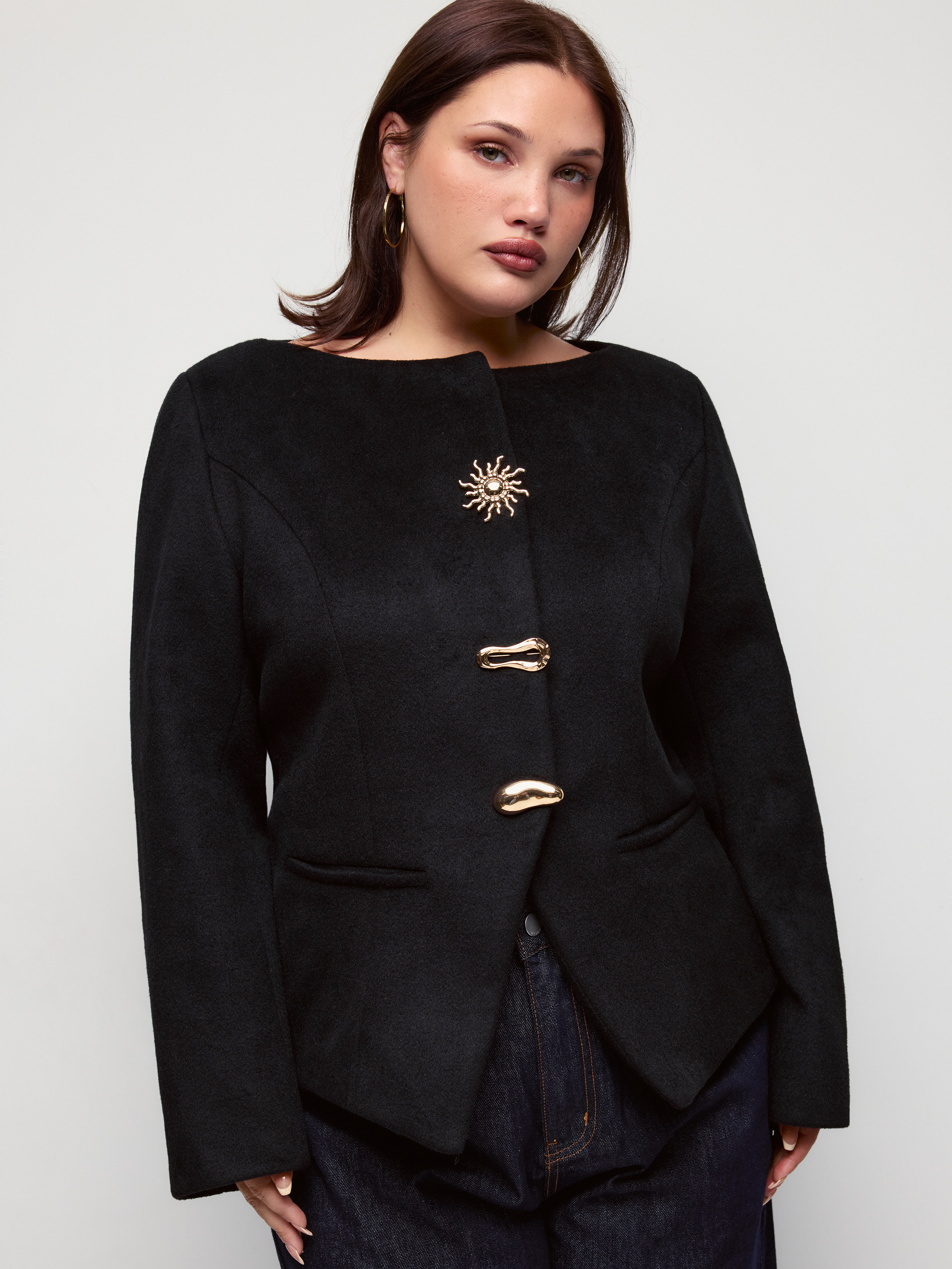 Wool-Look Round Neckline Metal Button Split Hem Jacket Curve & Plus