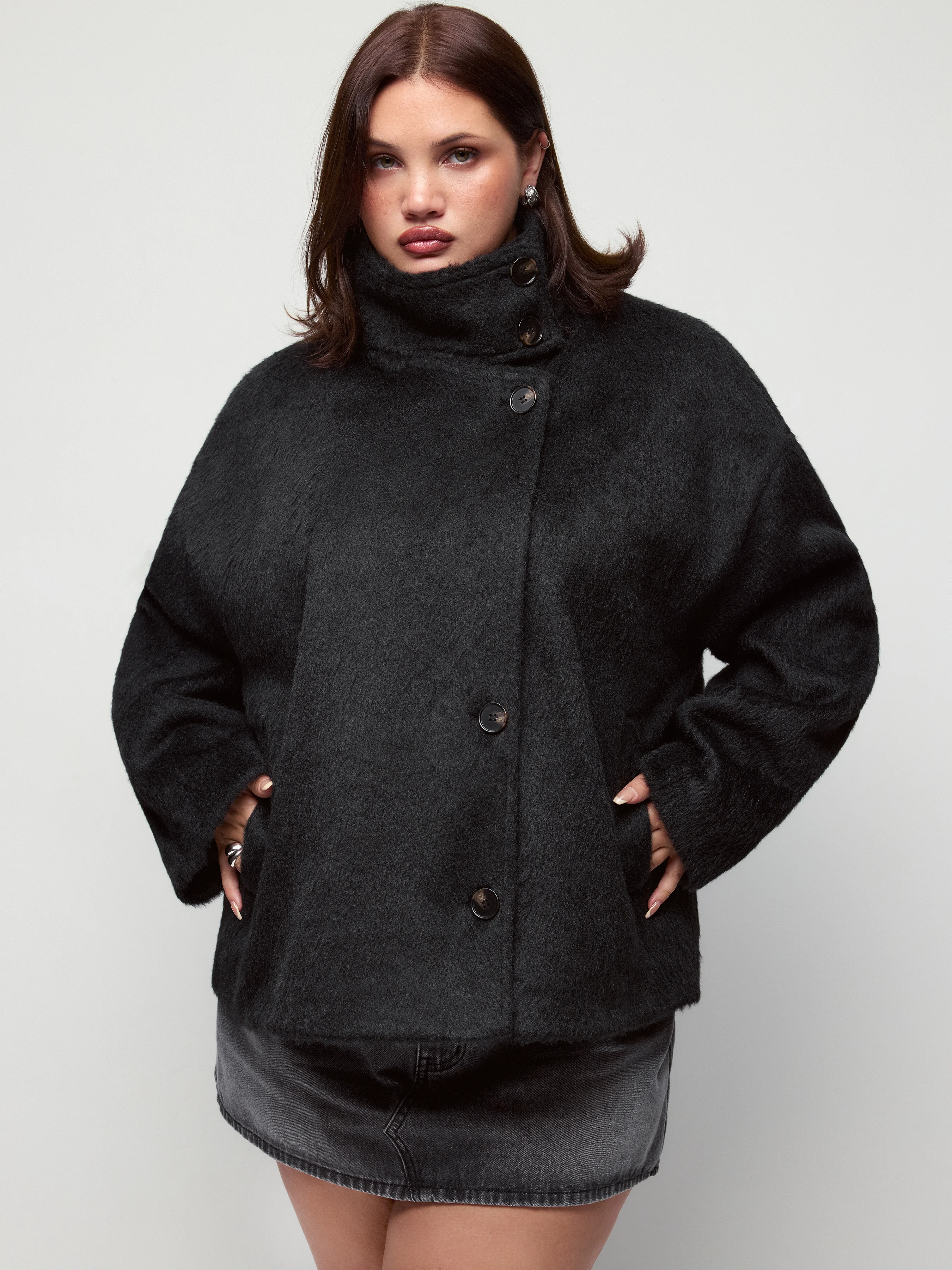Wool-look Funnel Neck Long Sleeve Oversized Jacket Curve & Plus
