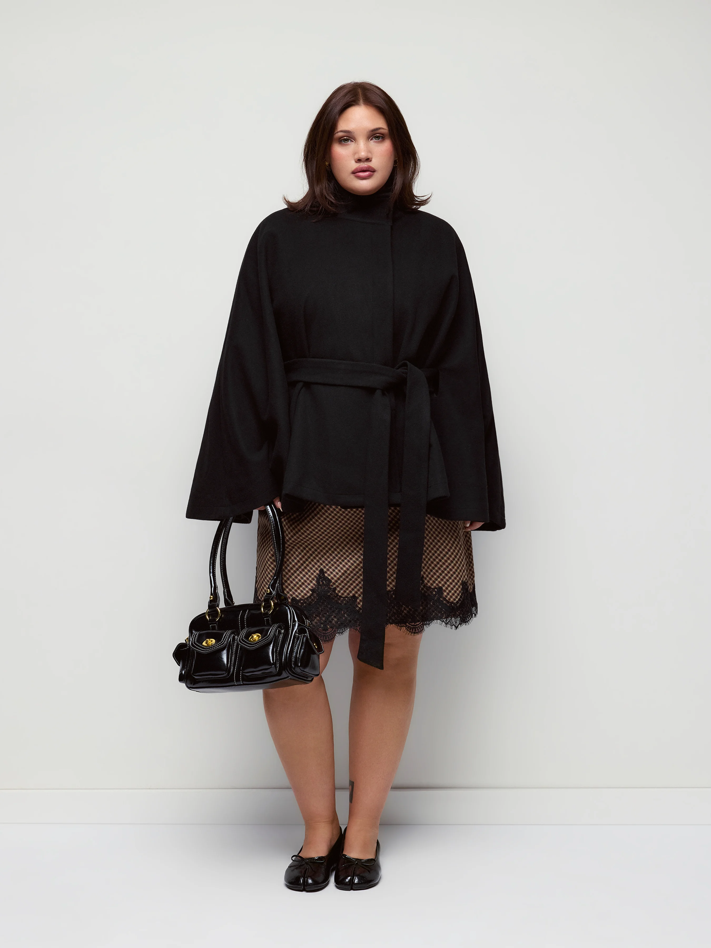 Wool-look Stand Collar Cloak Sleeve Oversized Jacket With Belt Curve & Plus