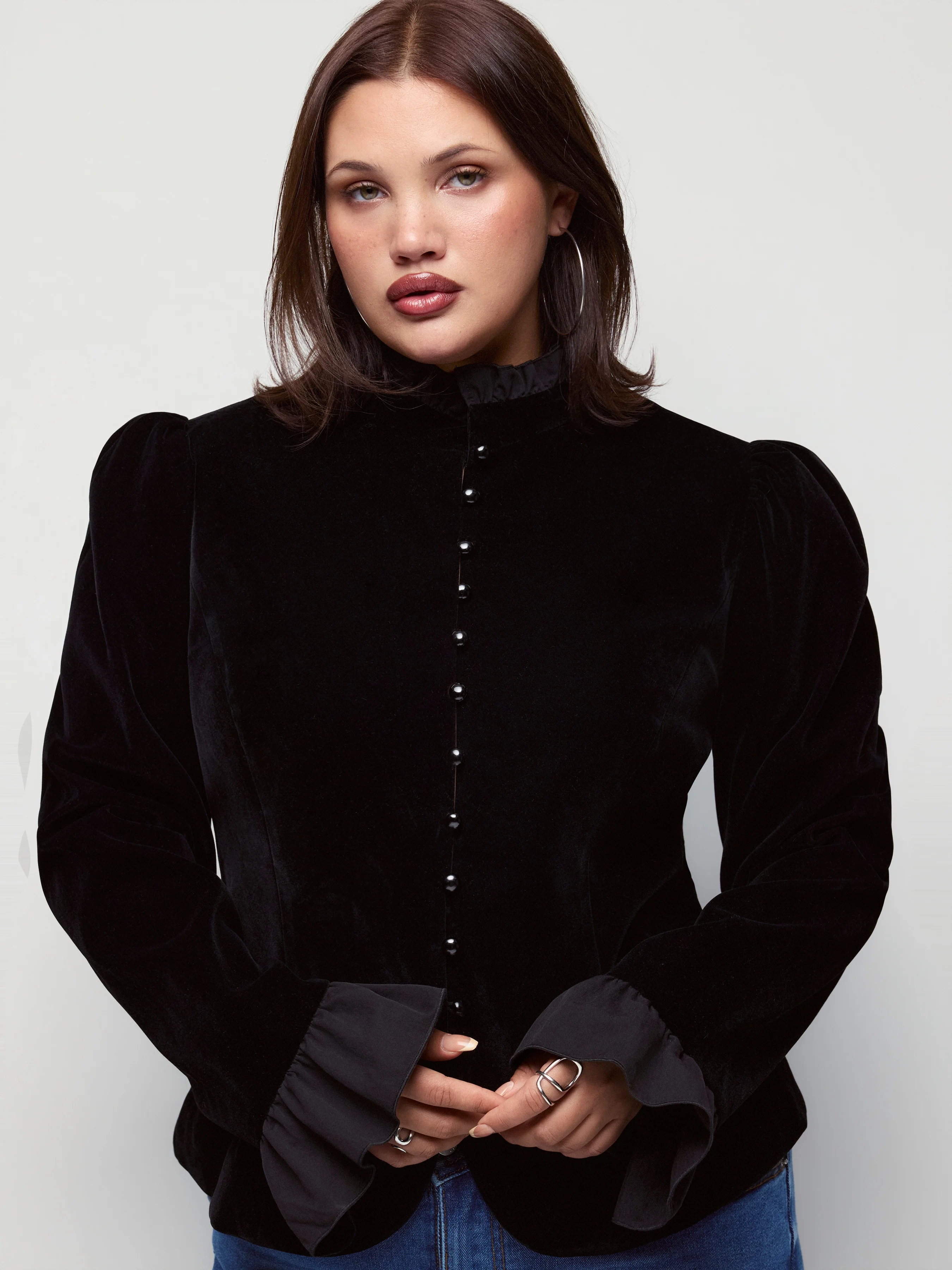 Velvet Stand Collar Lettuce Trim Bell Sleeve Jacket Curve & Plus