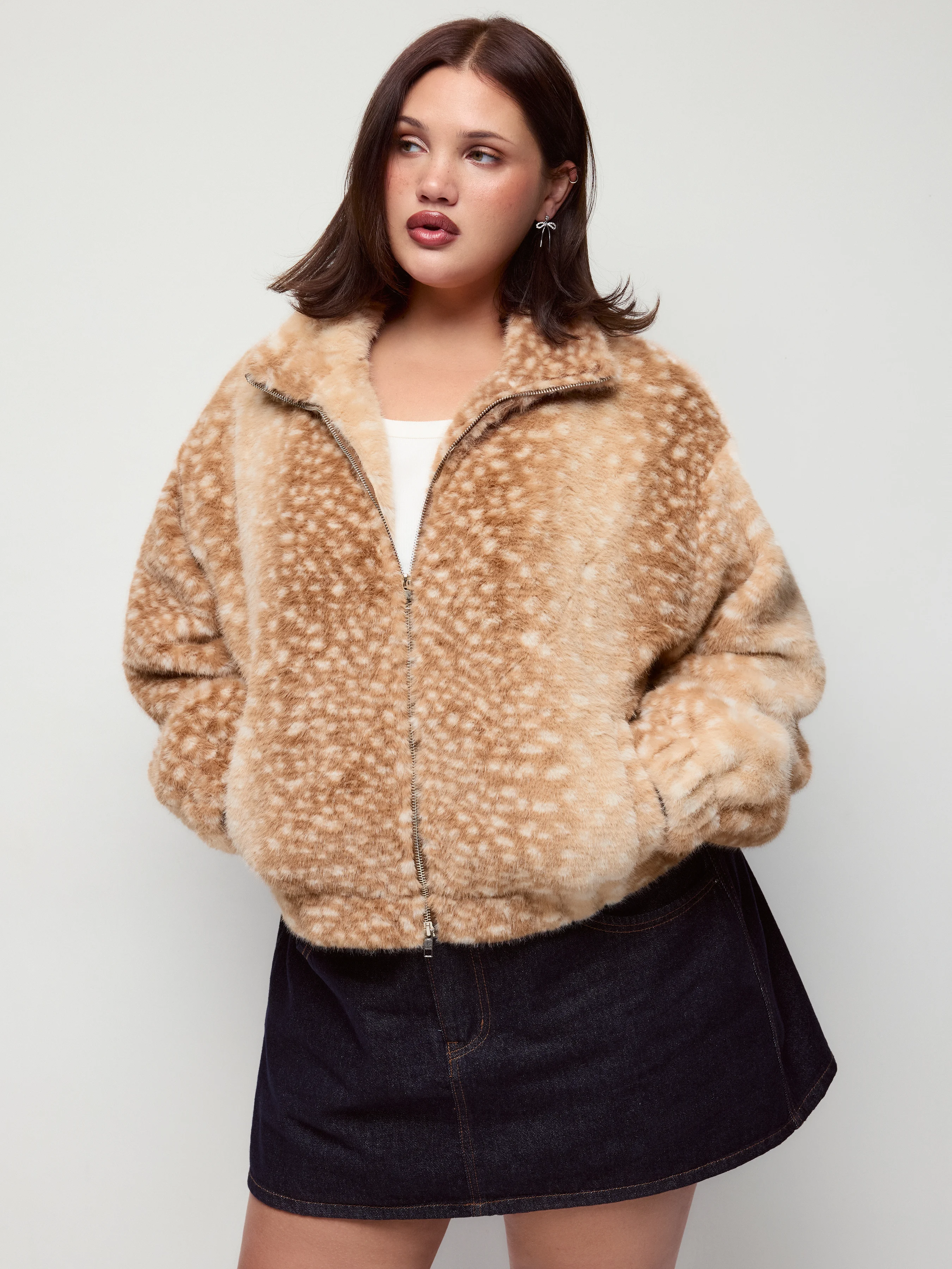 Faux Fur Deer Print High Neck Zip Through Jacket Curve & Plus
