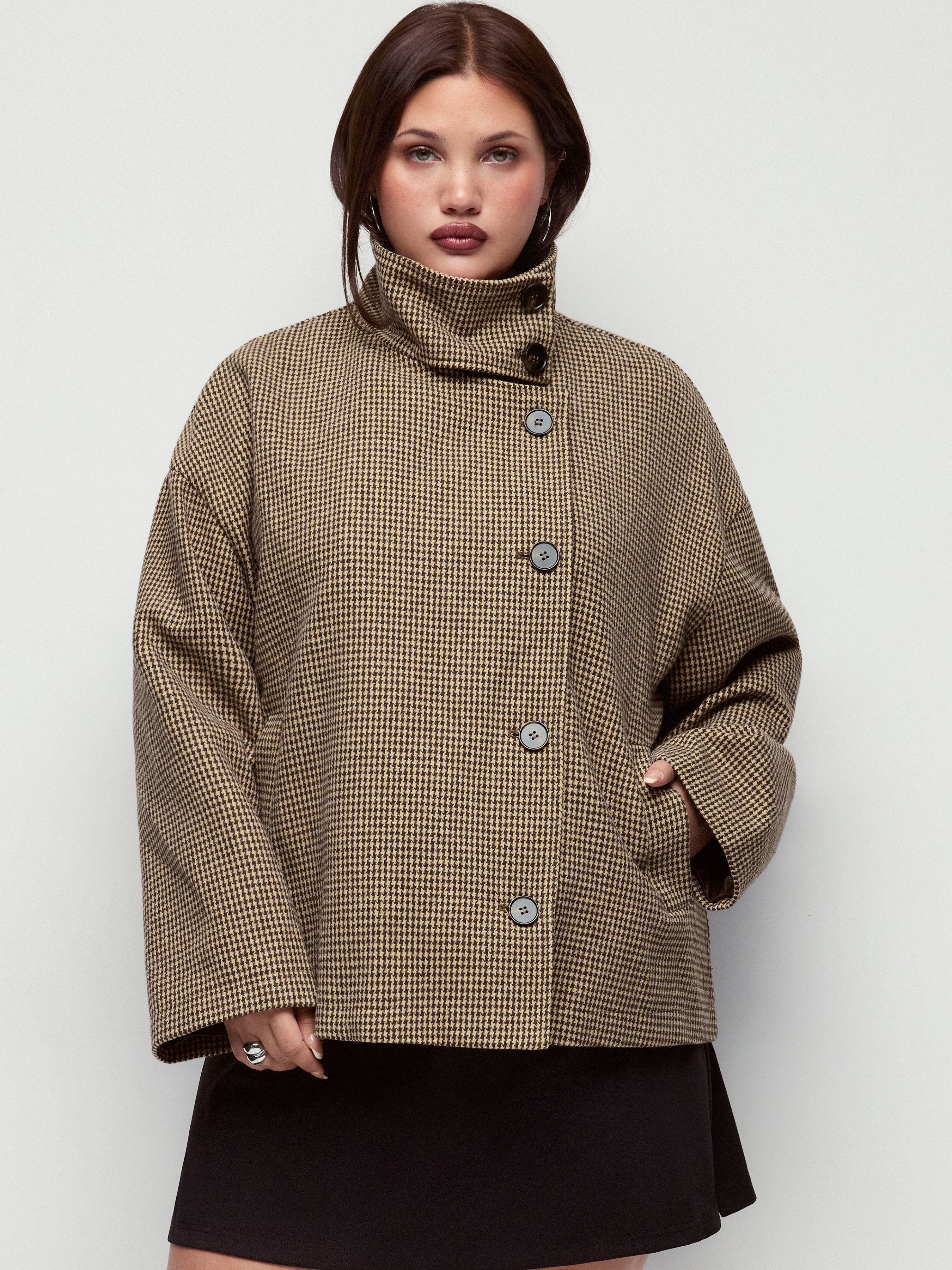 Wool-look Houndstooth Stand Collar Asymmetrical Super Oversized Jacket Curve & Plus