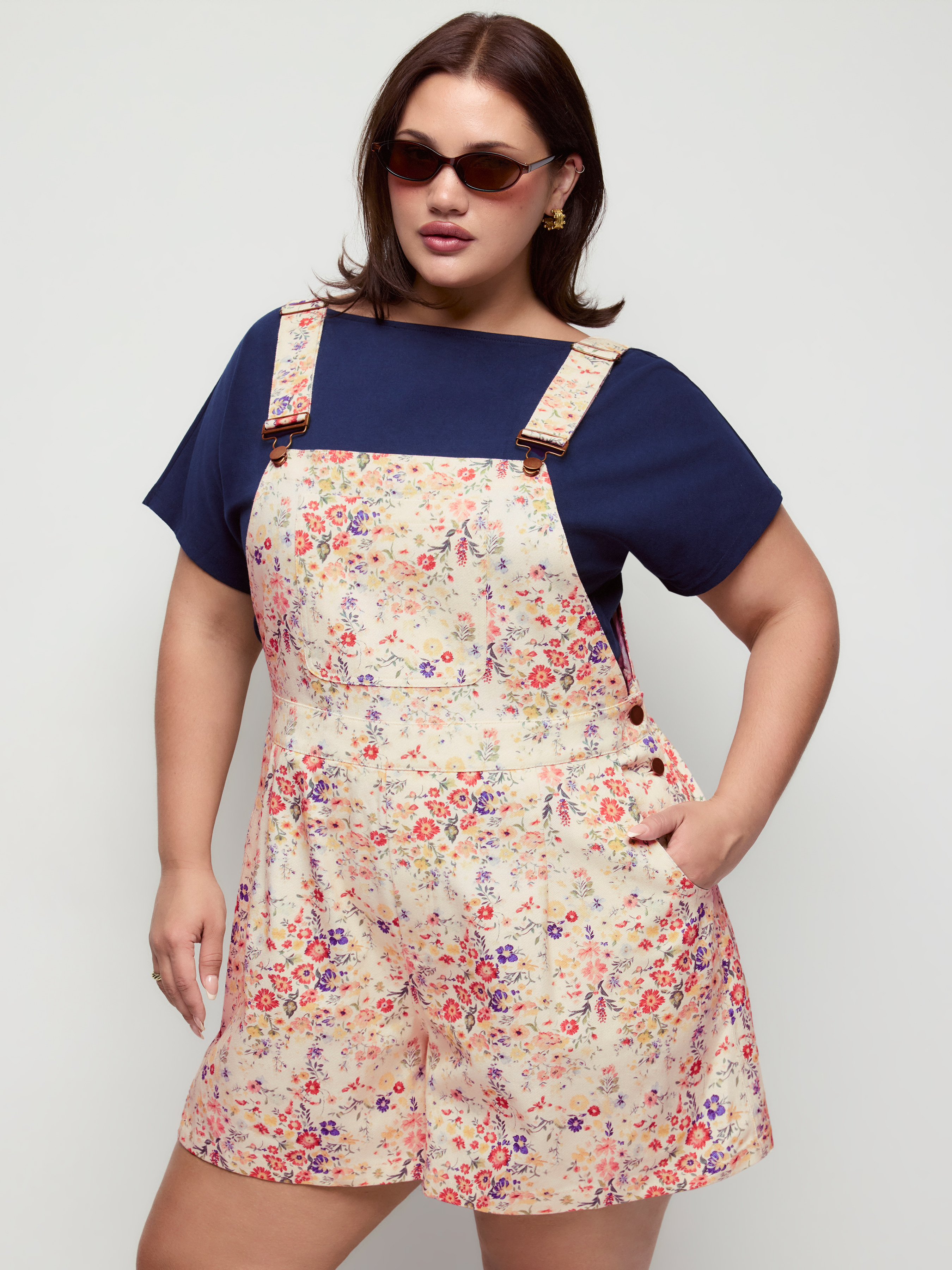 100% Cotton Floral Square Neck Metal Detail Romper Curve & Plus