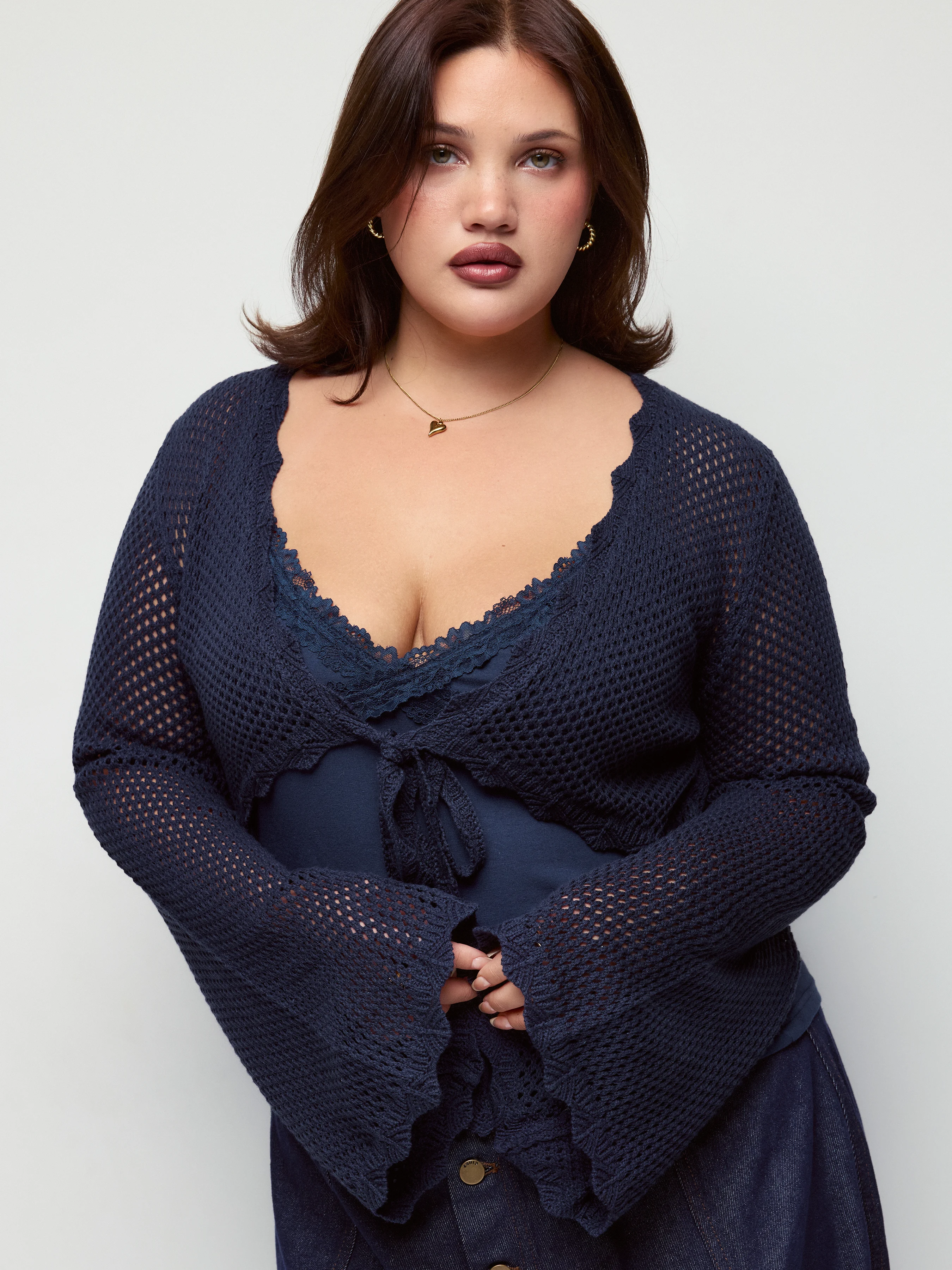 Knit Cotton-blend V-neck Bell Sleeve Tie Oversized Crop Cardigan Curve & Plus