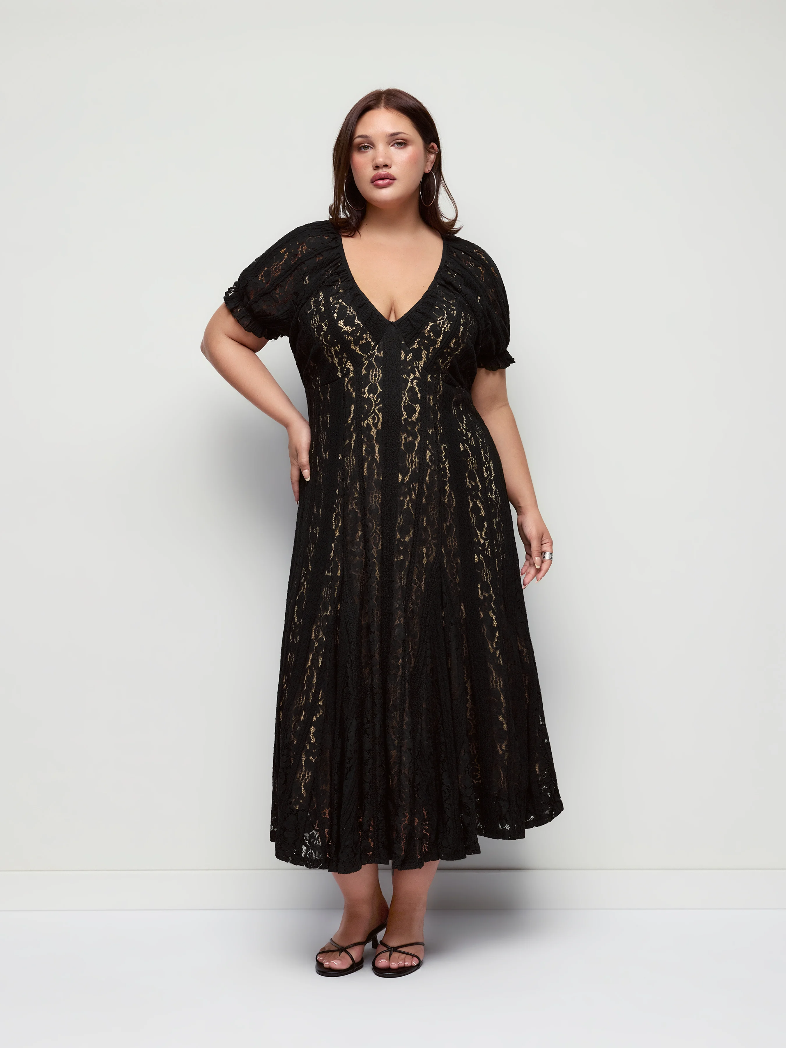 Lace V-neck Ruffle Sleeve Ruched Flared Maxi Dress Curve & Plus