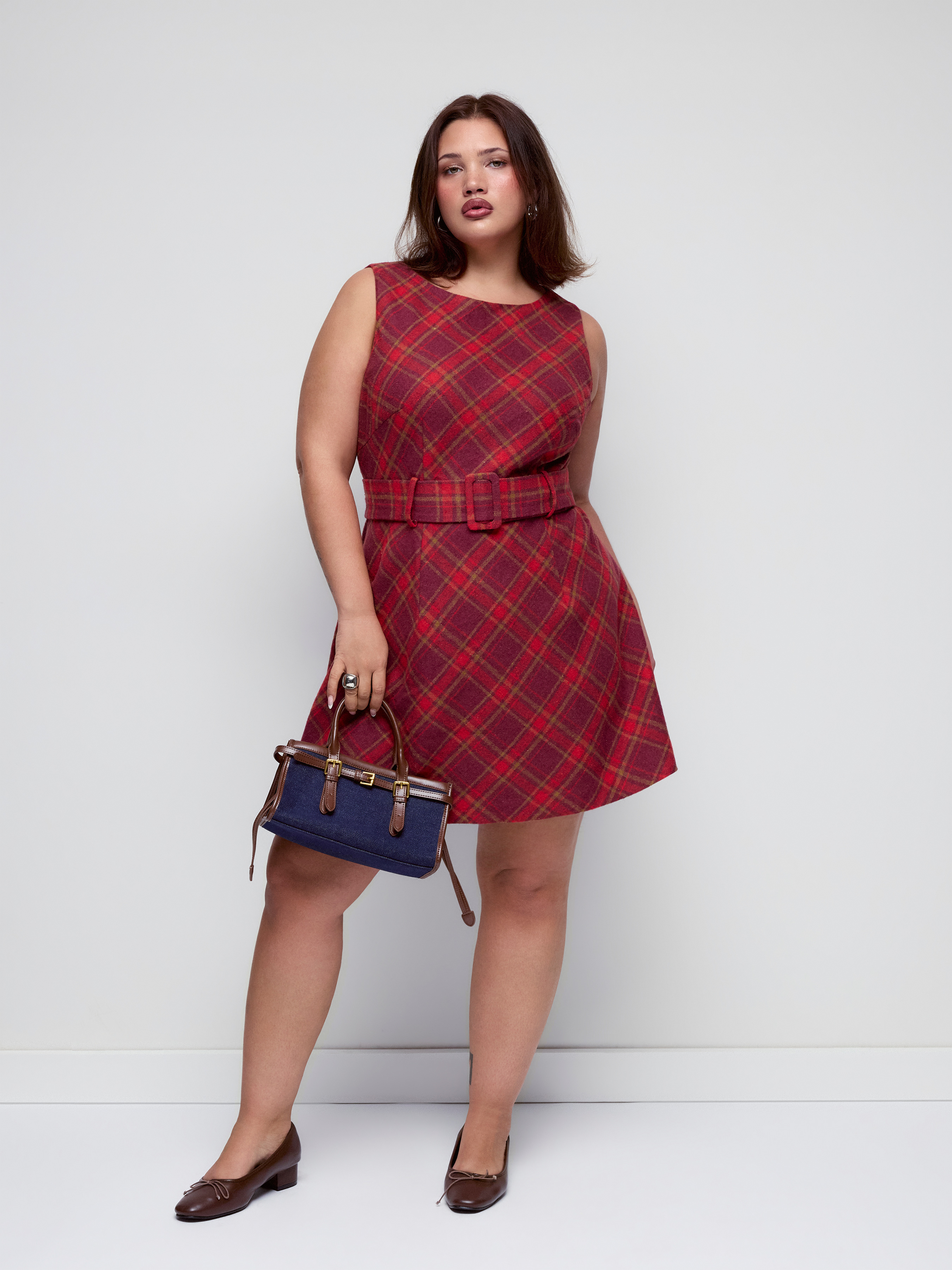 Cotton-blend Round Neckline Tartan Mini Dress With Belt Curve & Plus
