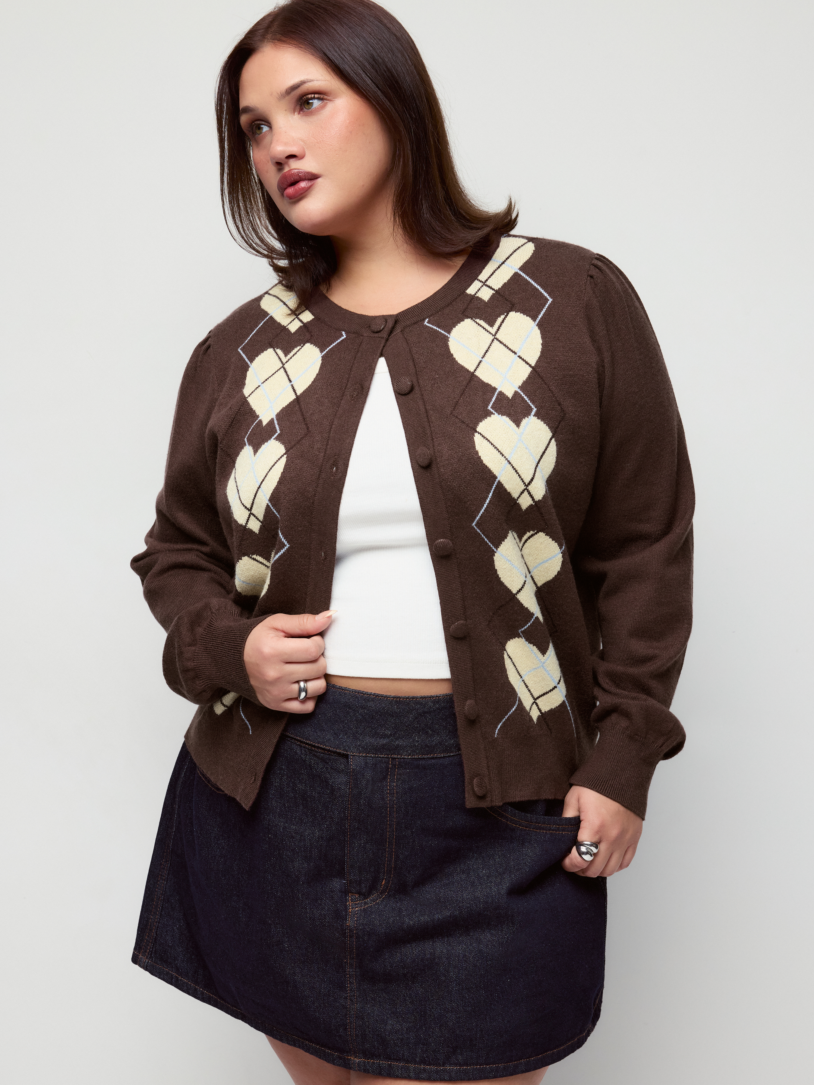 Knit Argyle Heart Pattern Button Cardigan Curve & Plus