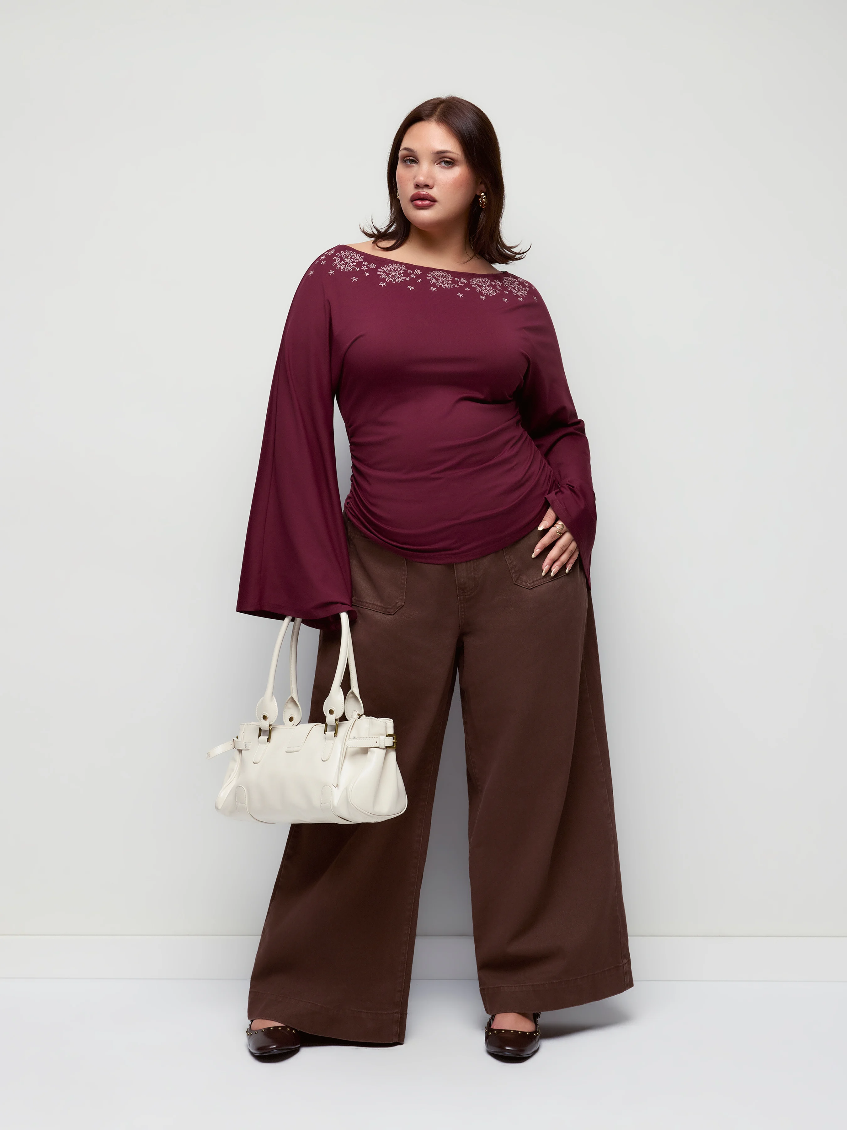 Floral Embroidery Boat Neck Bell Sleeve Ruched Top Curve & Plus