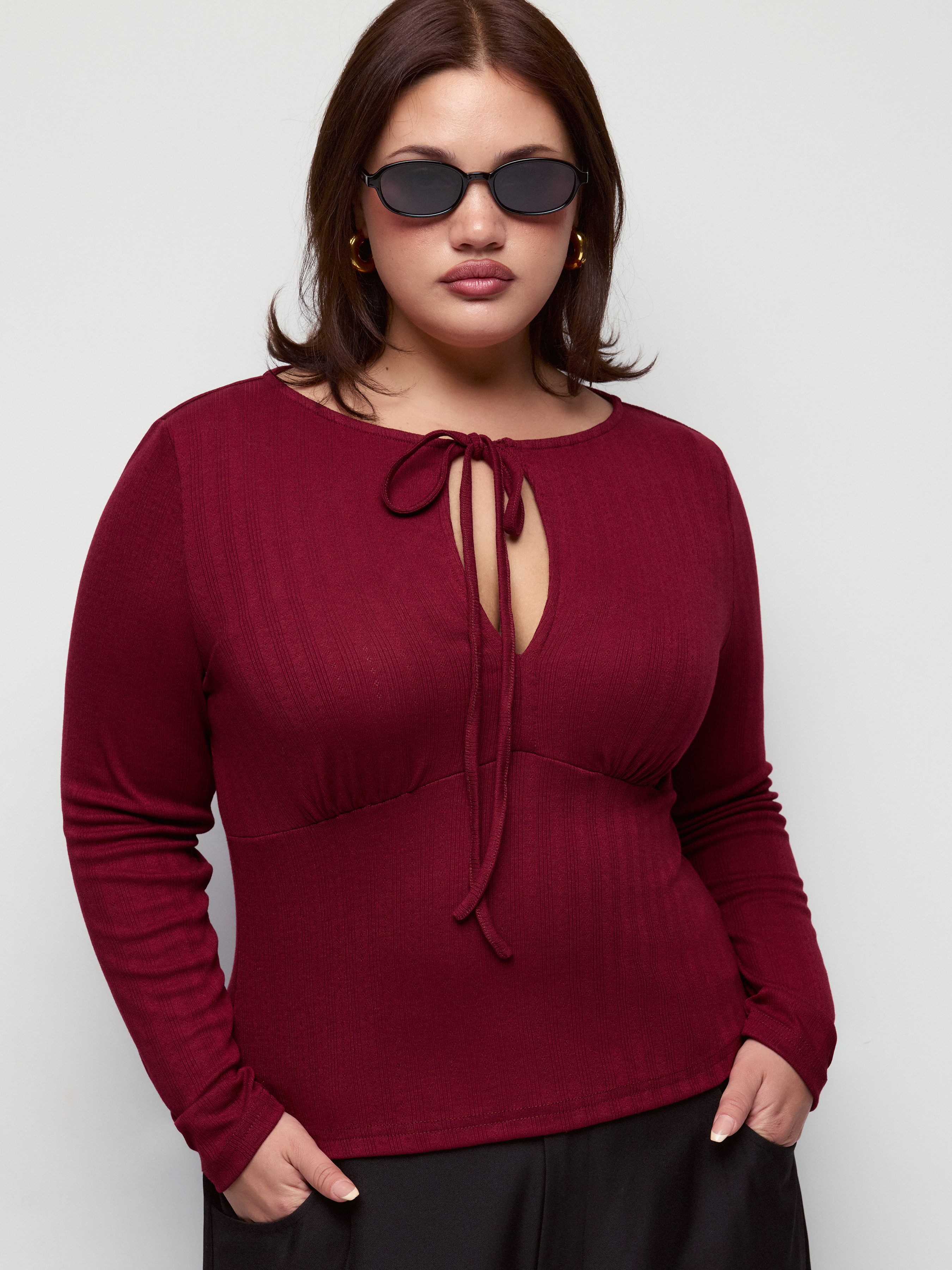 Textured Ruched Cut Out Tie Front Bowknot Long Sleeve Top Curve & Plus
