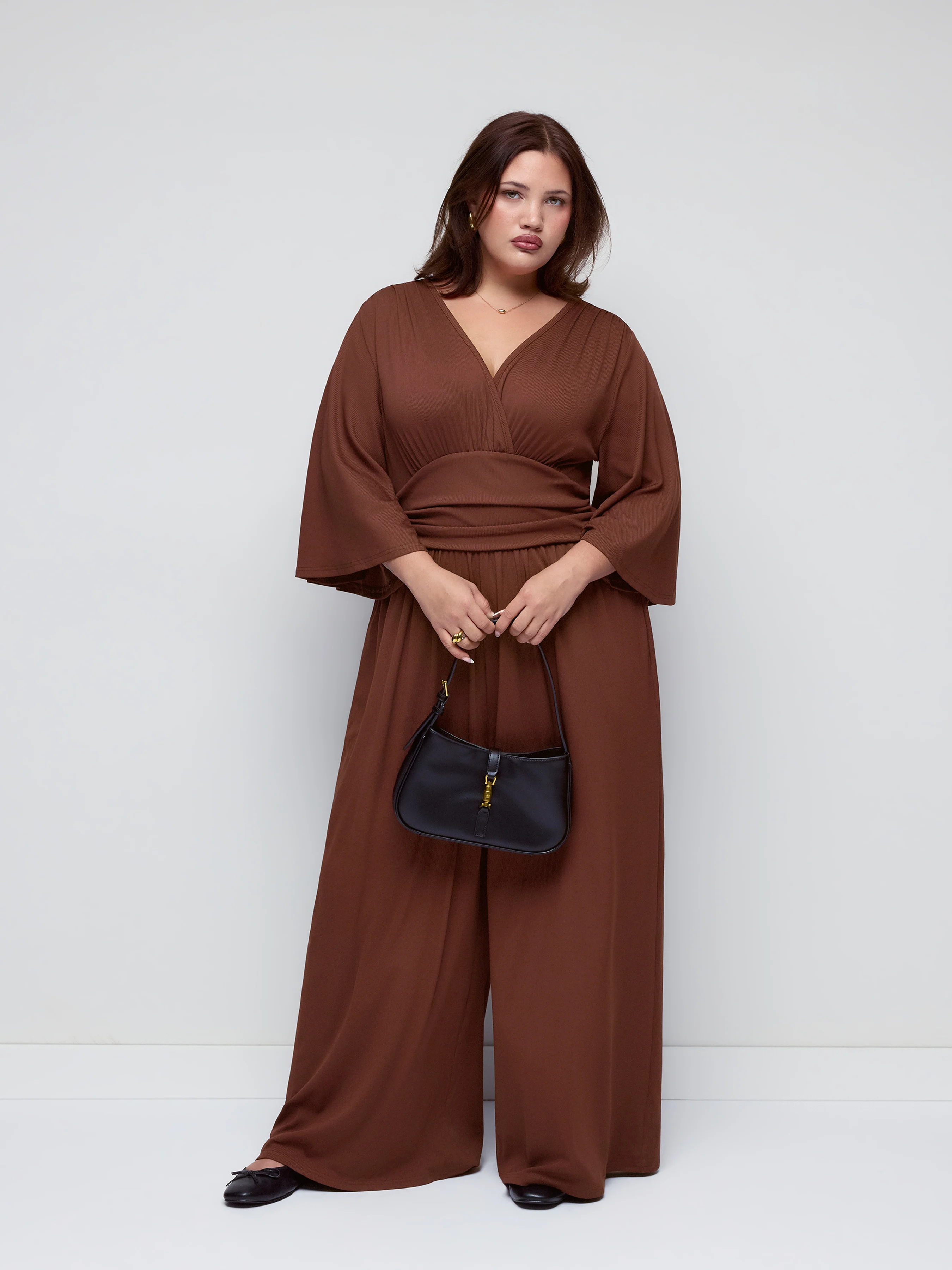 Textured V-neck Bell Sleeve Ruched Wide Leg Oversized Jumpsuit Curve & Plus