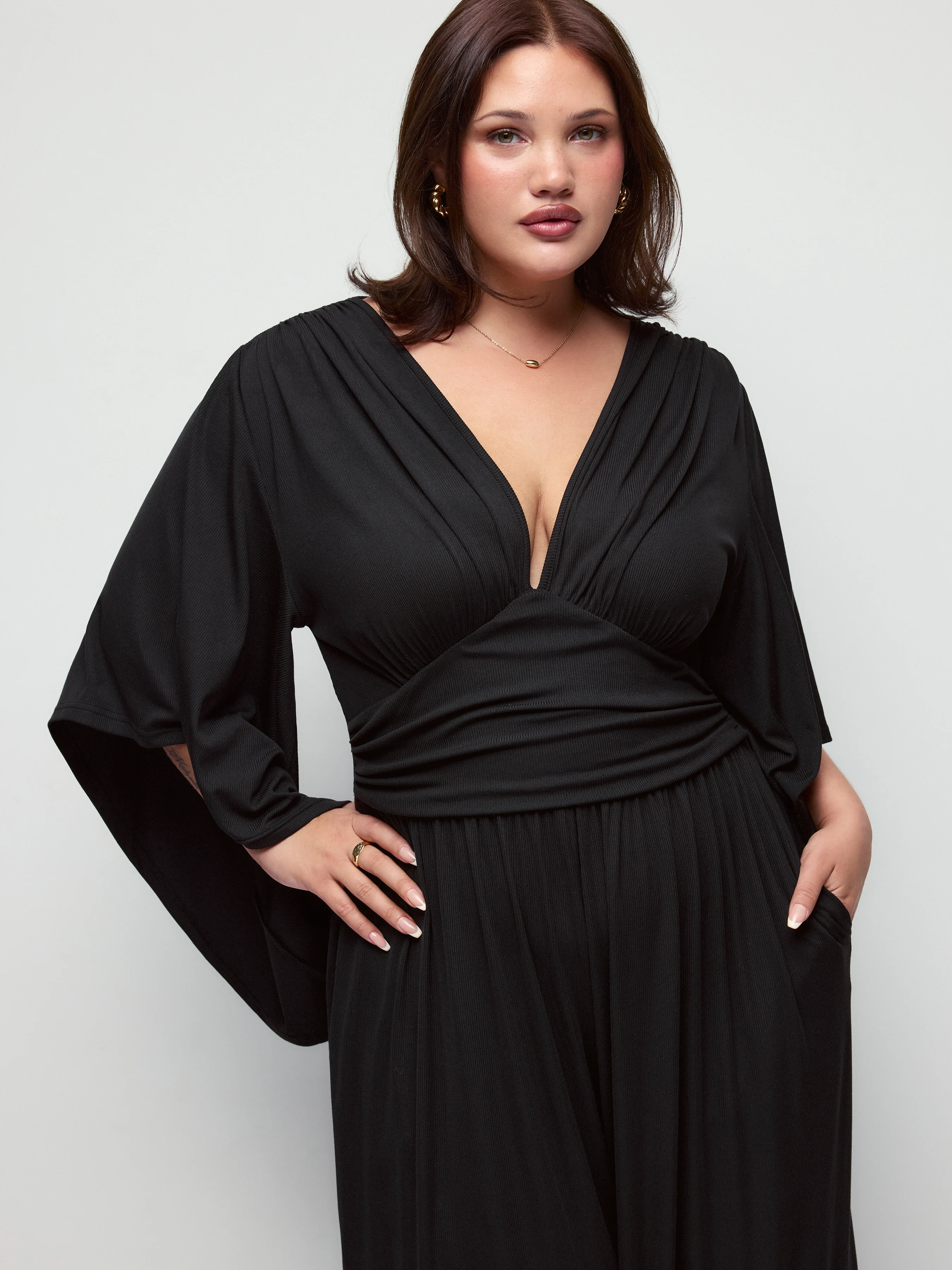 Textured V-neck Bell Sleeve Ruched Mid Rise Wide Leg Jumpsuit Curve & Plus
