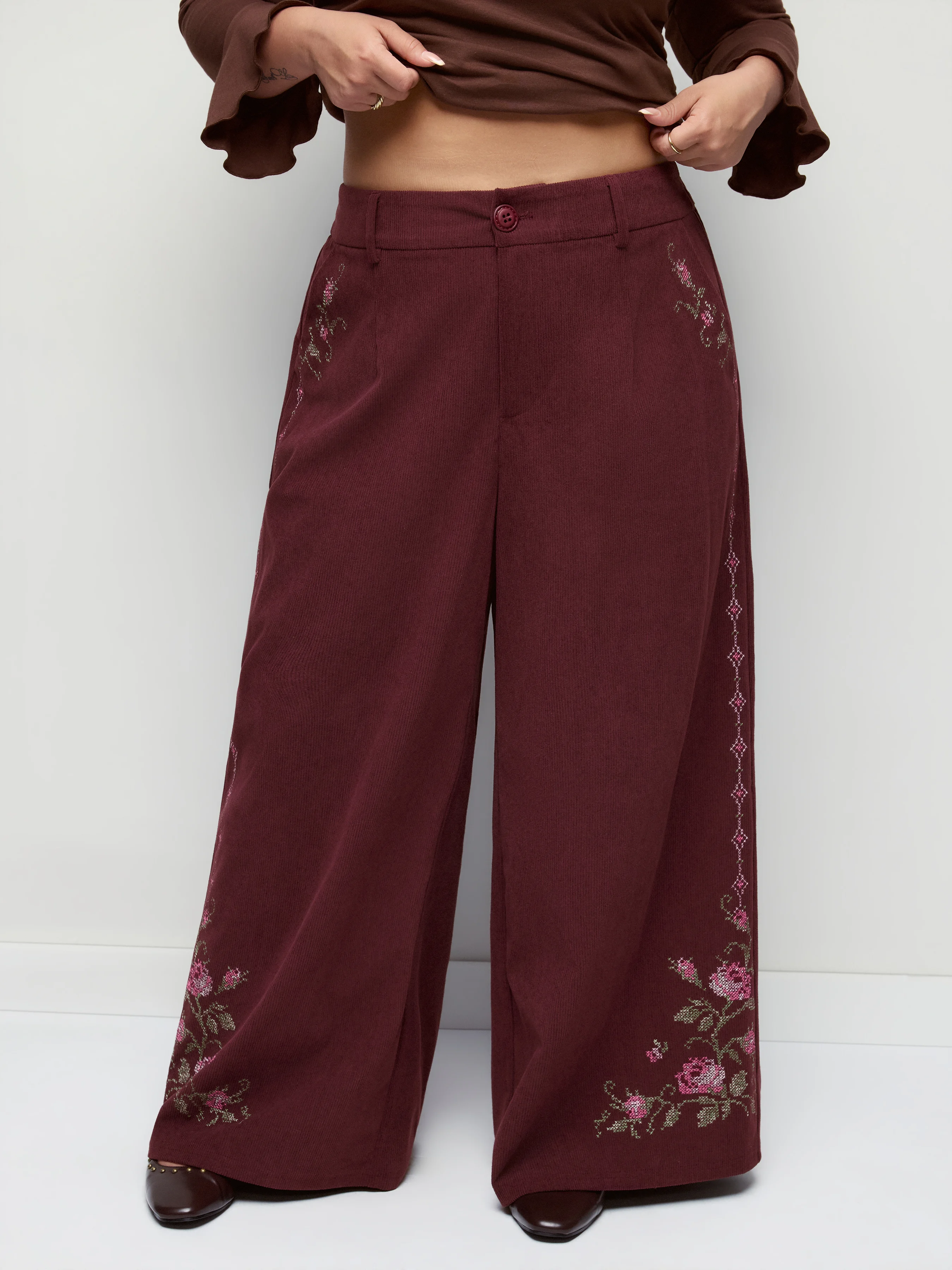 Corduroy Mid Rise Floral Embroidery Wide Leg Trousers Curve & Plus