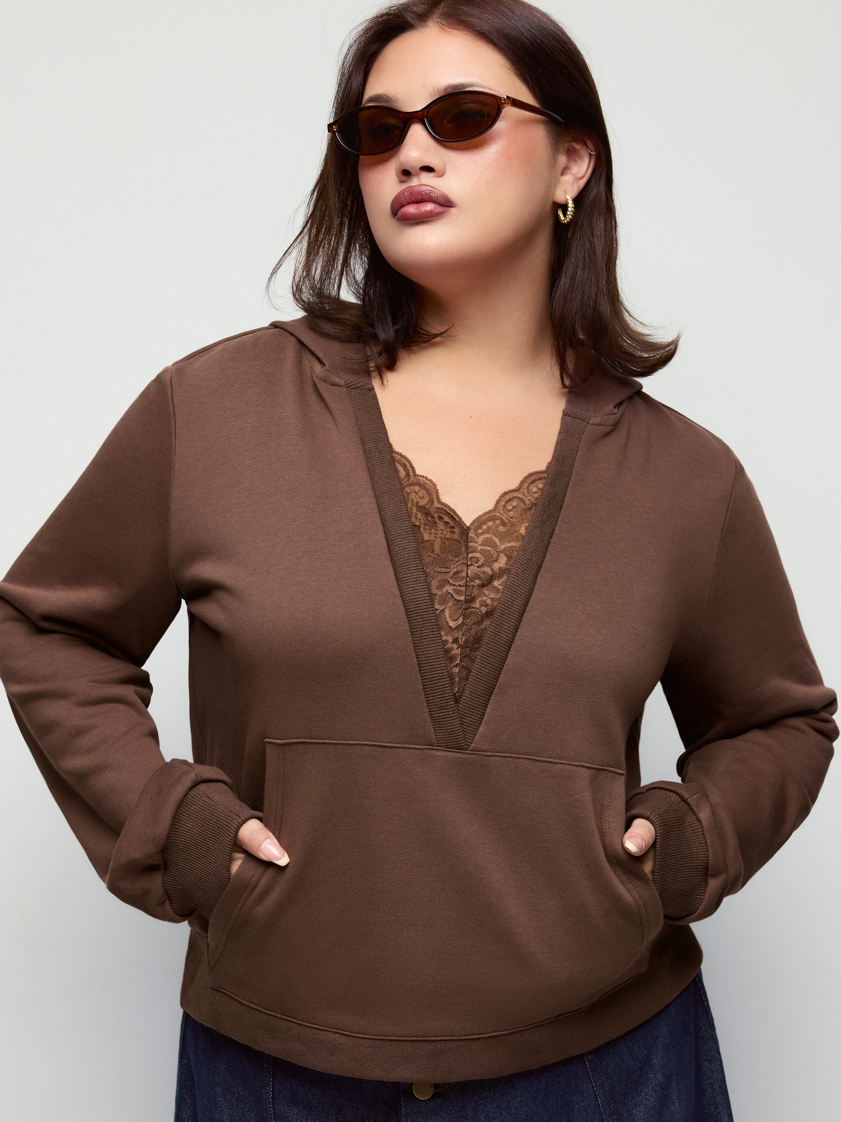 100% Cotton V-Neck Long Sleeve Lace Insert Hoodie Curve & Plus