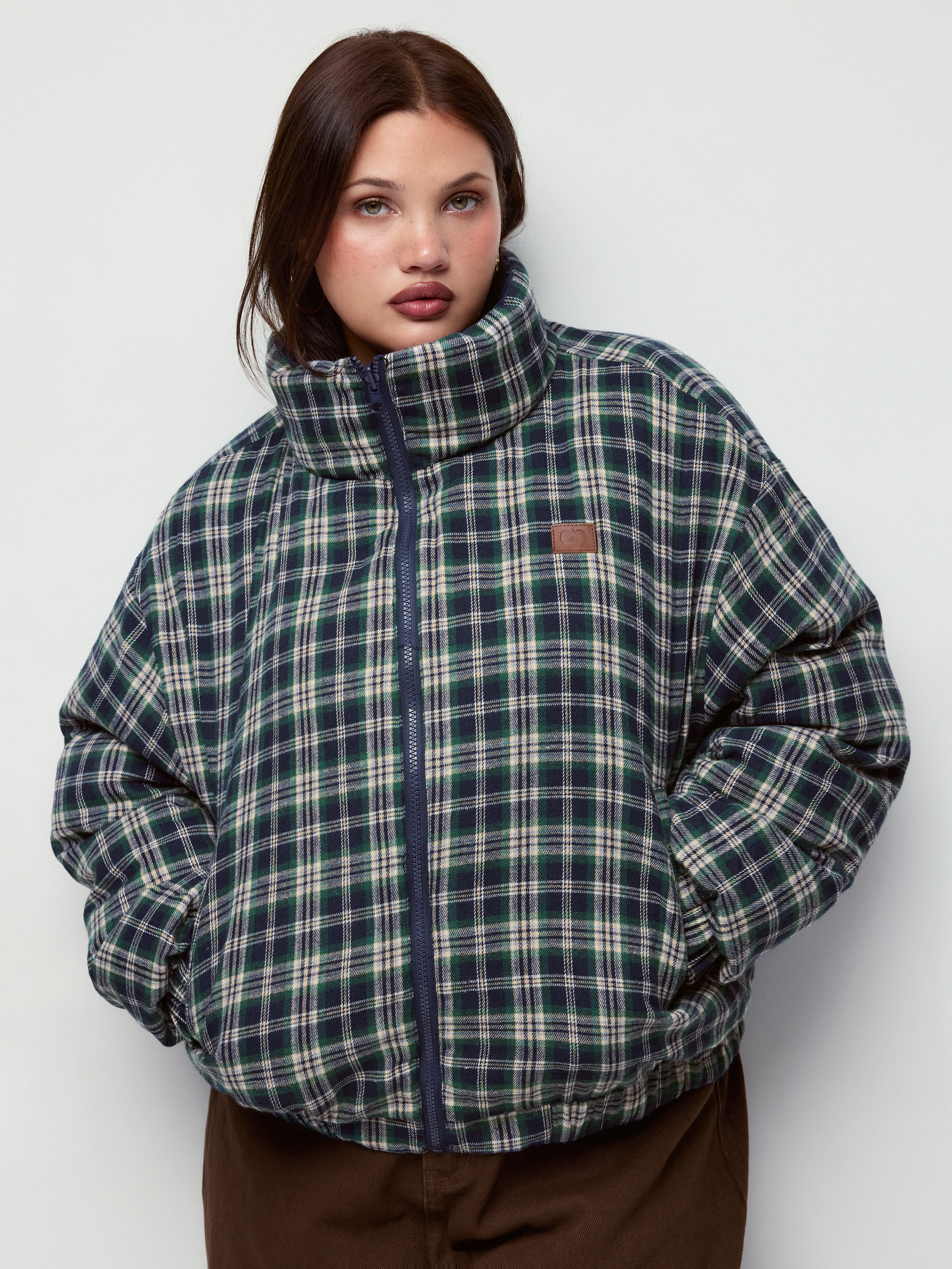 Plaid Jacquard Reversible Cotton-blend Stand Collar Super Oversized Puffer Curve & Plus